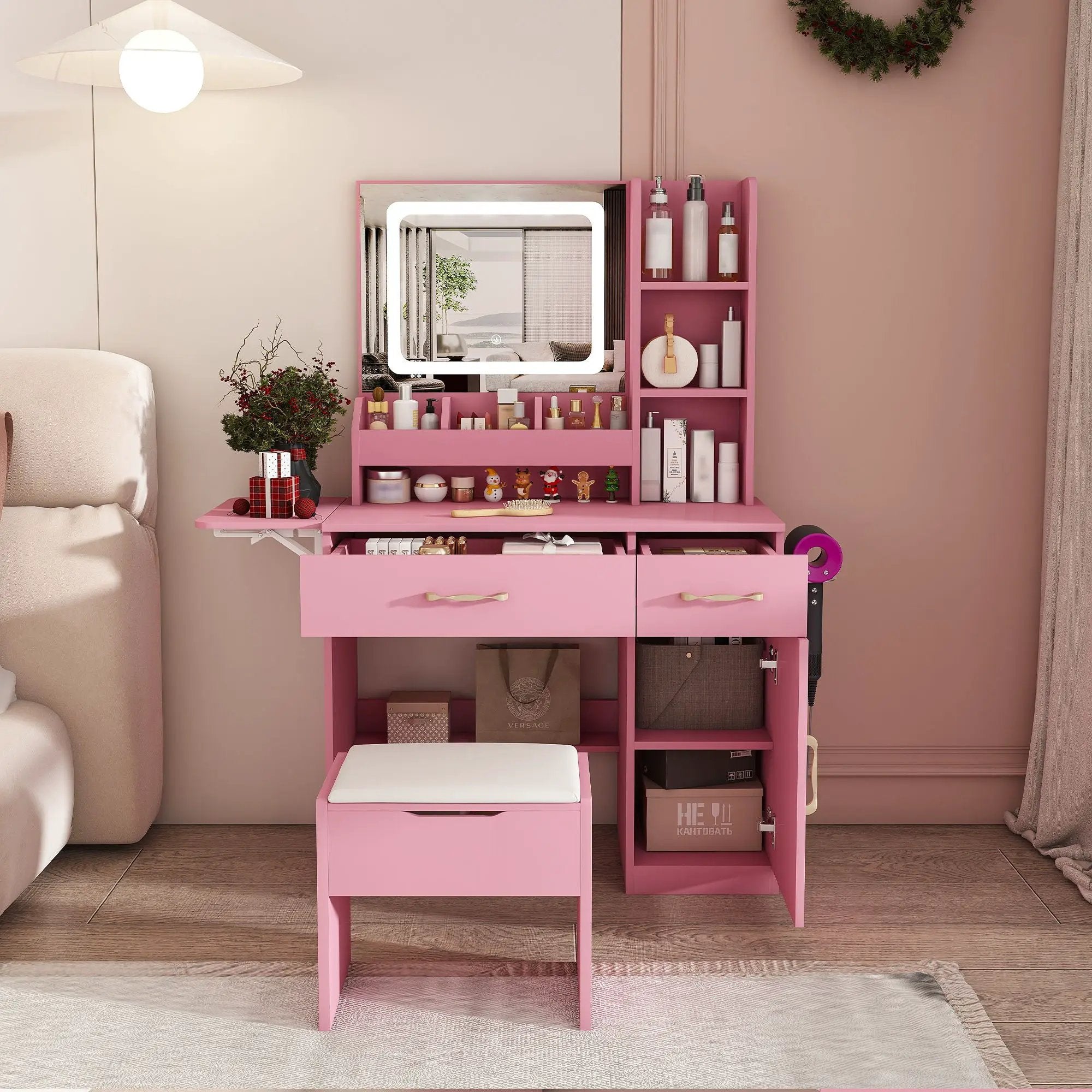 Vanity Desk With LED Mirror Lights And Power Outlet Charging Station, 3 Drawers, 7 Shelves, Storage Stool - Pink by HouseOfZazla