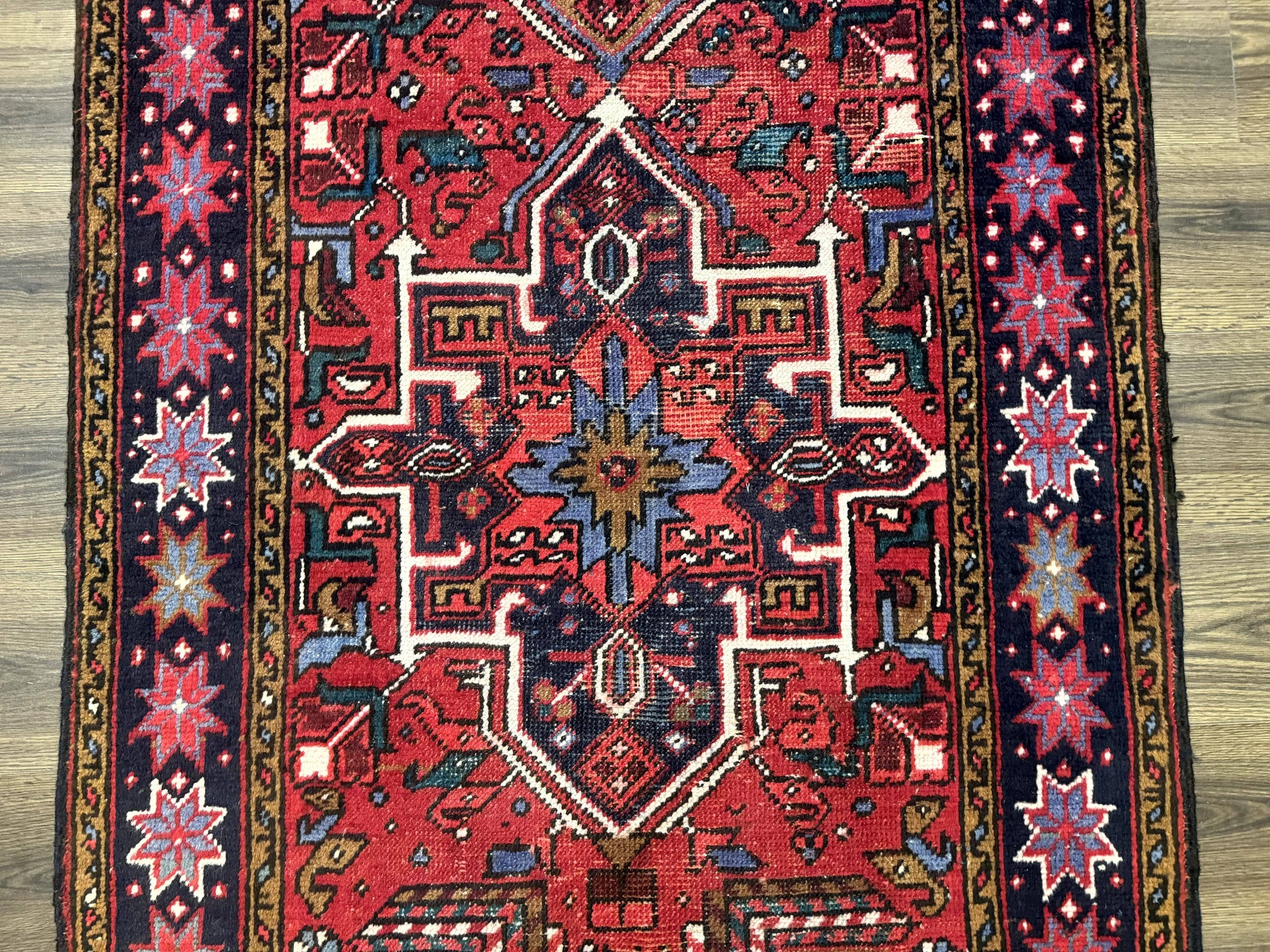 Persian Heriz Karajeh Runner Rug 3.7 x 12, Geometric Medallions, Red and Navy Blue by Jewel Rugs