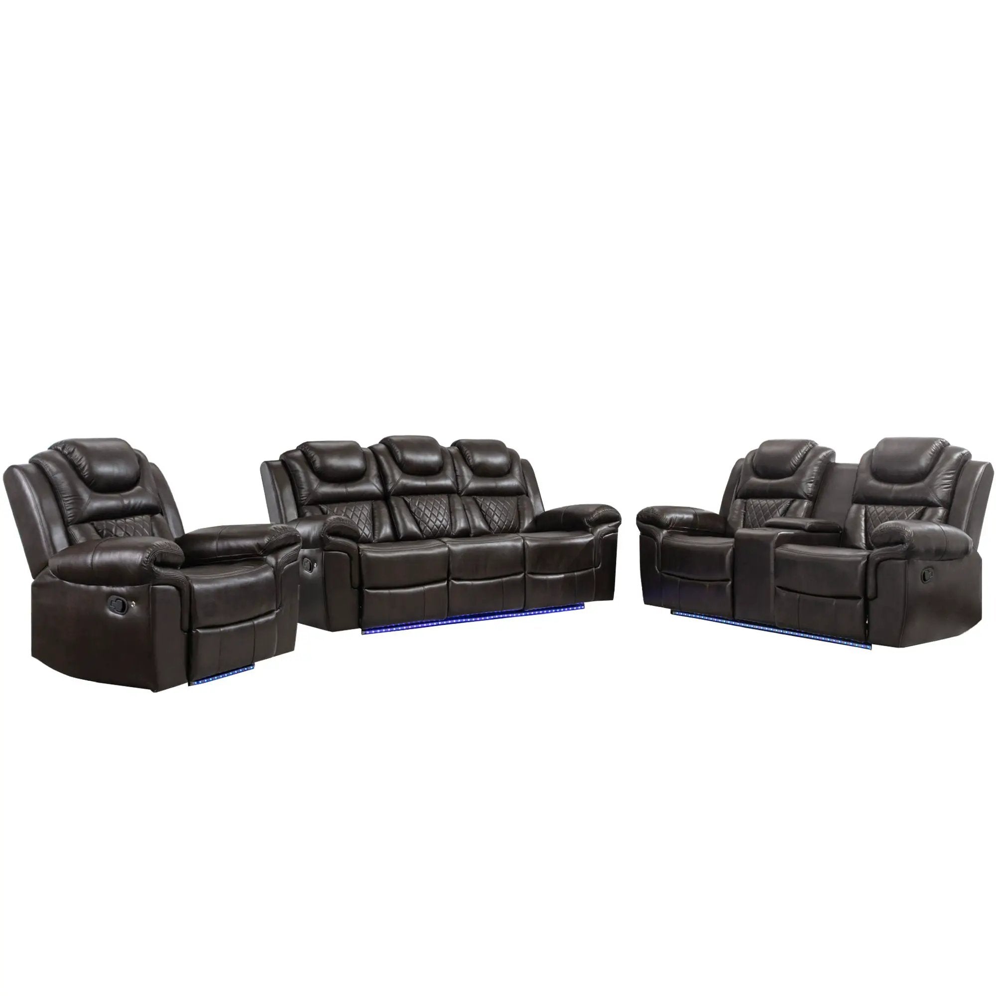 3 Pieces Recliner Sofa Sets Home Theater Seating Manual Recliner Chair With Center Console And LED Light Strip For Living Room by Unique Piece Furniture