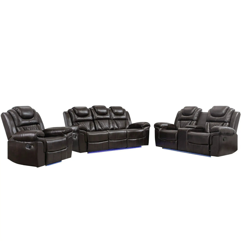 3 Pieces Recliner Sofa Sets Home Theater Seating Manual Recliner Chair & Center Console And LED Light Strip For Living Room - Brown by HouseOfZazla