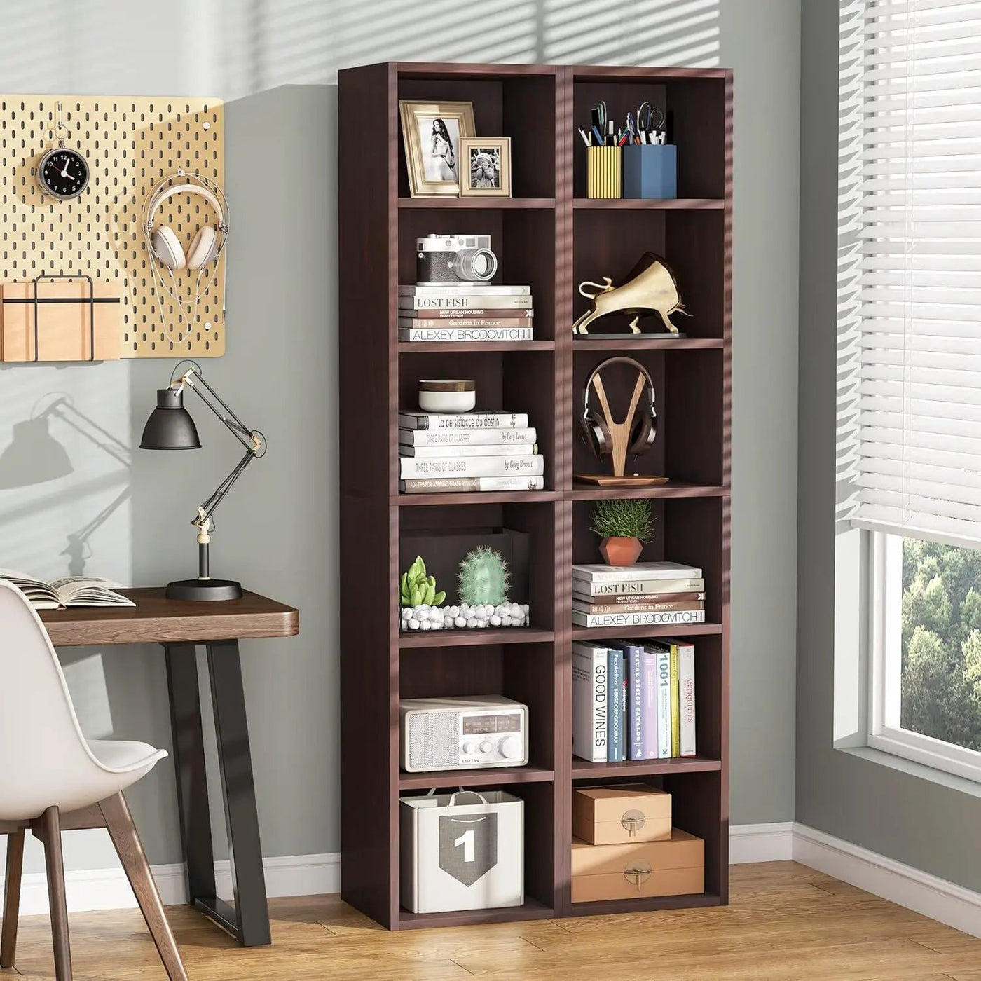 6 Tier Narrow Corner Cube Bookcase Storage, Freestanding Shelf With Open Cubes For Living Room by HouseOfZazla