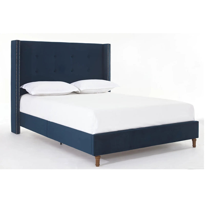 Peyton Upholstered Queen Bed with 54' High Headboard and Traditional Buttoned Tufting in Blue Velvet by BLAKHOM