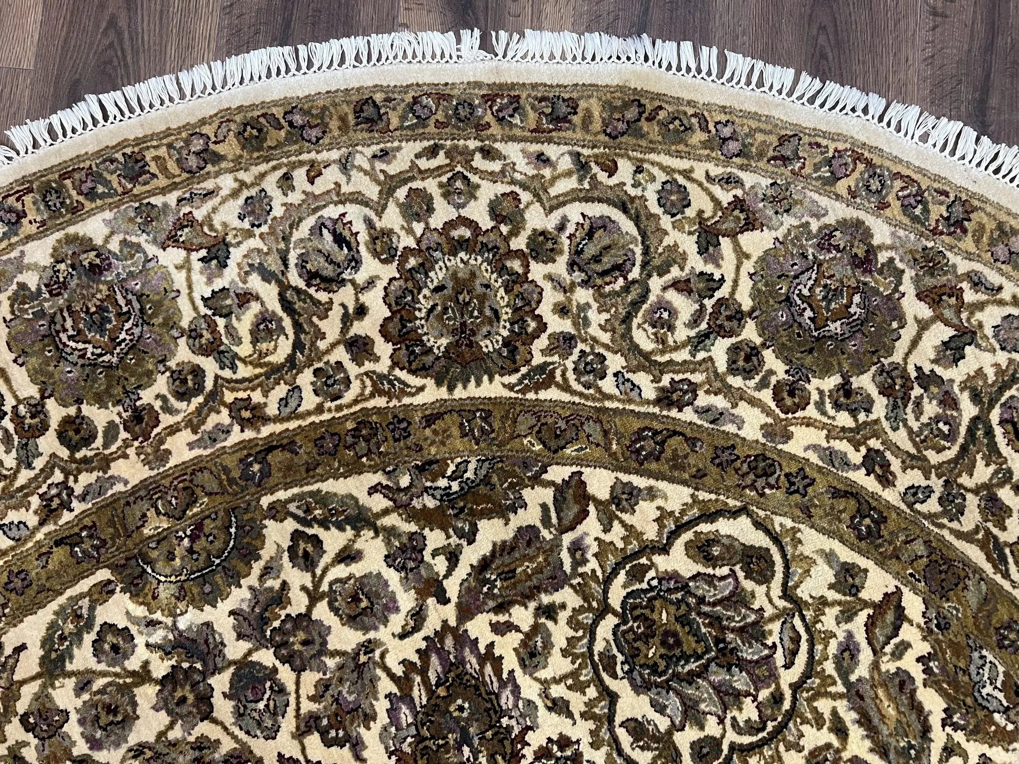 Round Indo Persian Rug 8x8 ft, Large Hand Knotted Vintage Wool Circular Carpet, 8ft Round Oriental Rug, Floral Medallion, Cream and Green by Jewel Rugs