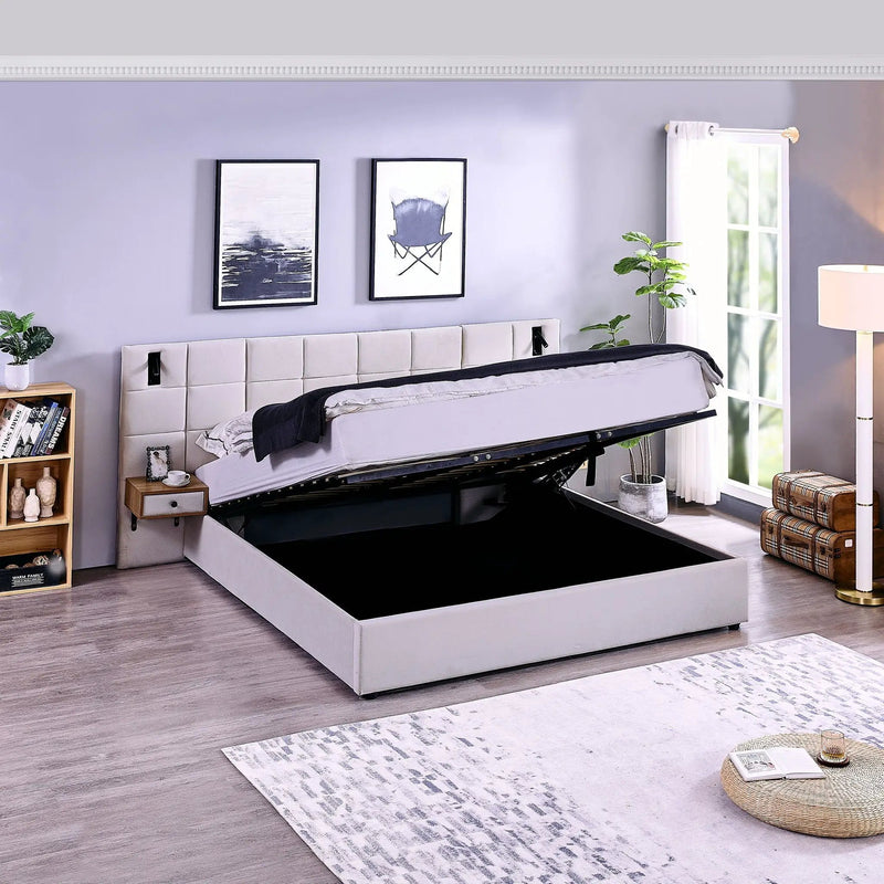 Upholstered Hydraulic Platform Bed With Storage Shelves, Reading Lamps, USB Port
