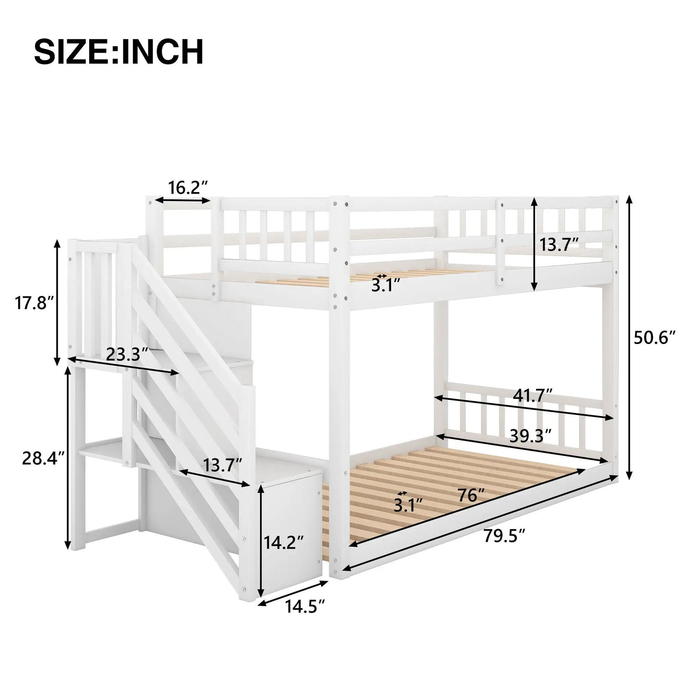 Norset - Twin Over Twin Floor Bunk Bed, Ladder With Storage by Unique Piece Furniture