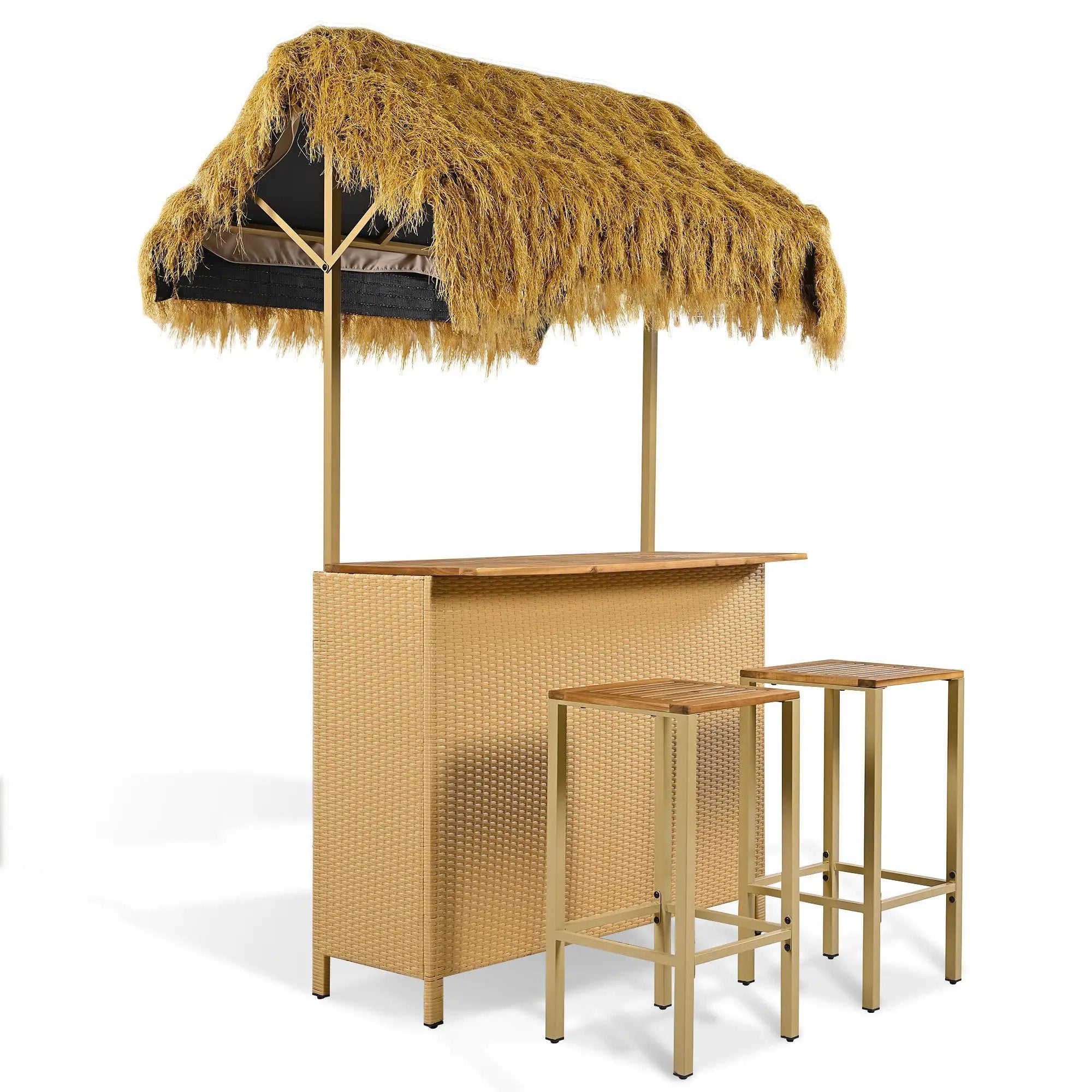 Hawaiian-Style Bar Height Patio Set With PE Grass Canopy, Outdoor Bar Table And Stools With Adjustable Feet, Acacia Wood Top, For Dining And Drinking - Natural by Unique Piece Furniture