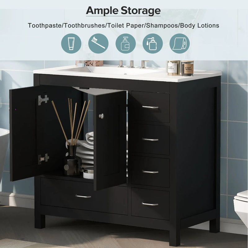 Bathroom Vanity With Ceramic Sink Combo, Abundant Storage Cabinet 2 Soft Close Doors And 5 Drawers by HouseOfZazla