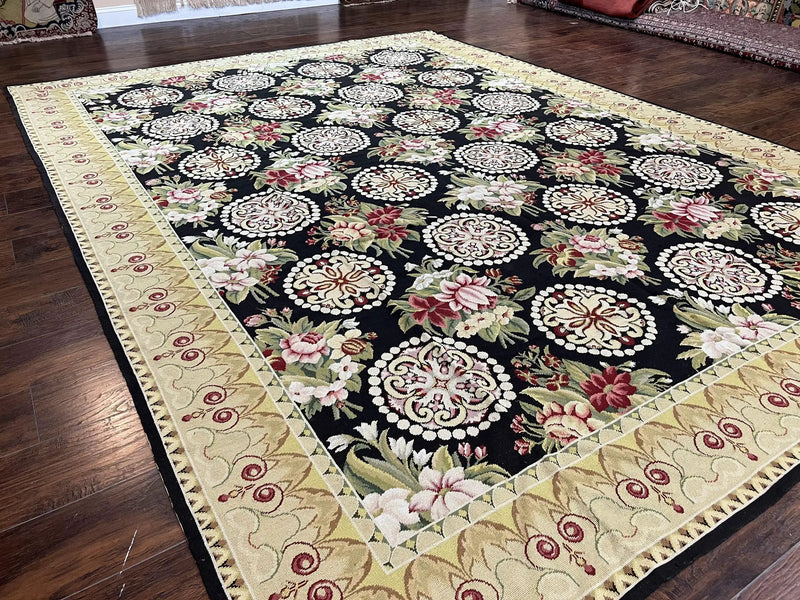 9x12 Black Needlepoint Rug, European Floral Panel Design, Handwoven, Vintage Chinese Needlepoint, Black Green Beige, Wool Rug 9 x 12 by Jewel Rugs