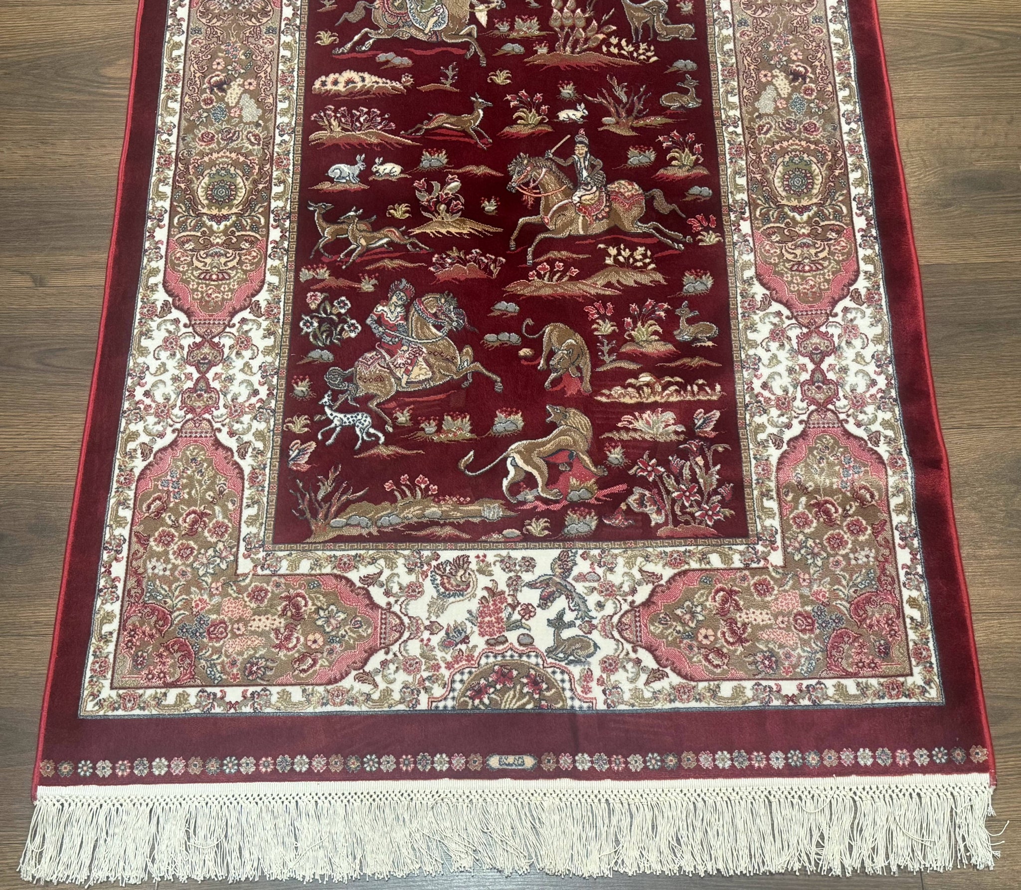 Turkish Silk Rug 3x5, Hunting Design, Dark Red & Ivory, Bamboo Silk, New by Jewel Rugs