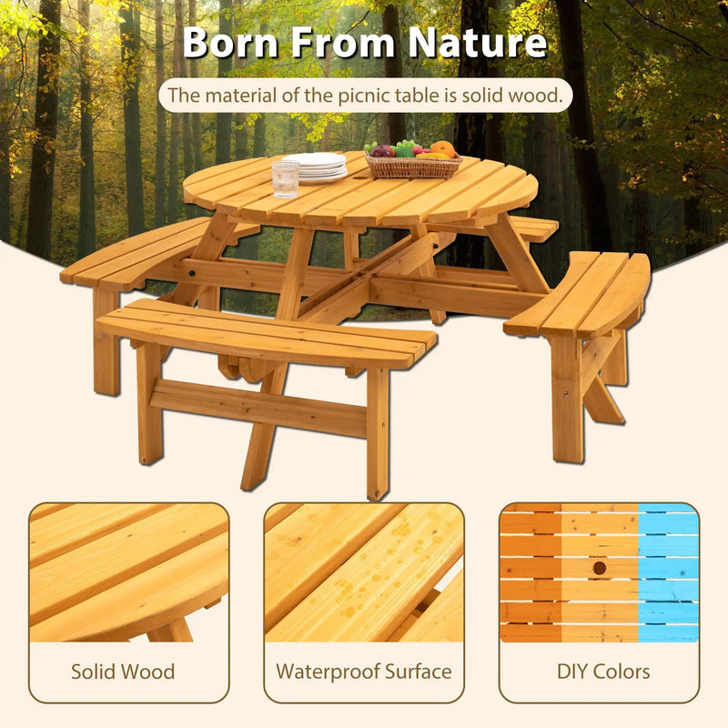 8 Person Wooden Picnic Table, Outdoor Camping Dining Table With Seat, Garden, Diy With 4 Built-In Benches, 2220Lb Capacity by HouseOfZazla
