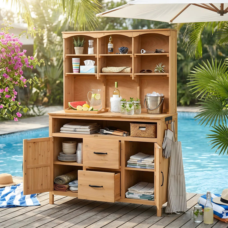 TOPMAX Large Fir Wood Potting Bench with Hutch, Cabinets & Drawers by HouseOfZazla