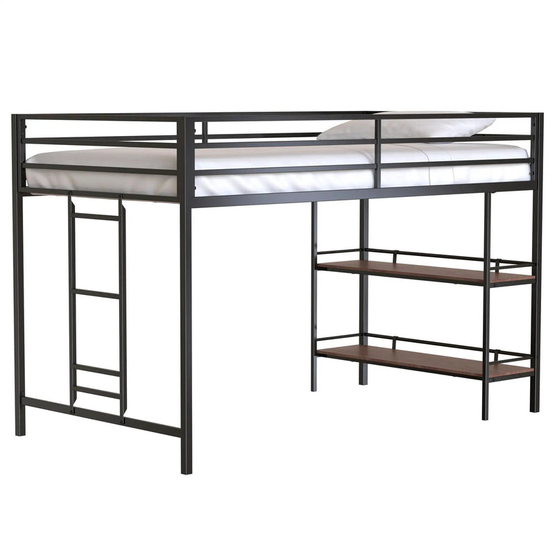 Adam - Twin Loft Bunk Bed With Cinnamon Wood Shelf - Black by HouseOfZazla