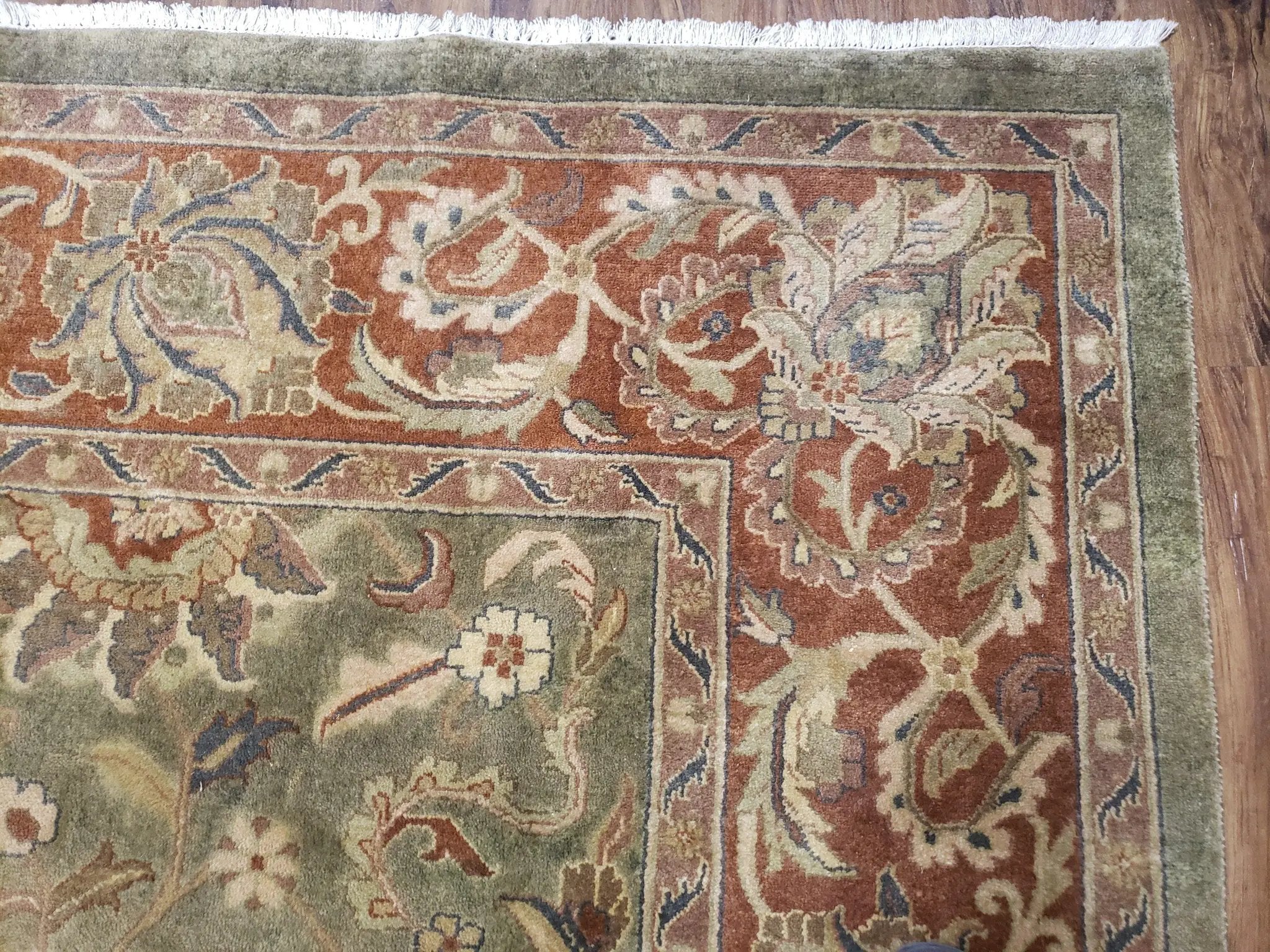 Green Indo Mahal Area Rug 9x12, Wool Hand-Knotted Carpet by Jewel Rugs
