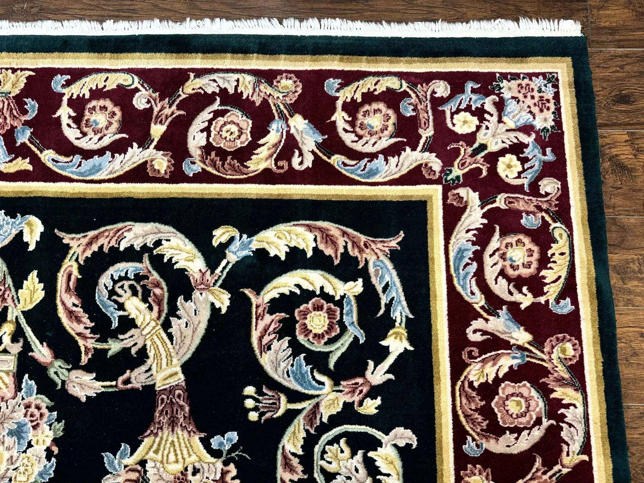 Aubusson Rug 9x12, Dark Green, European Design, Vintage Fine Handmade Carpet, Elegant by Jewel Rugs