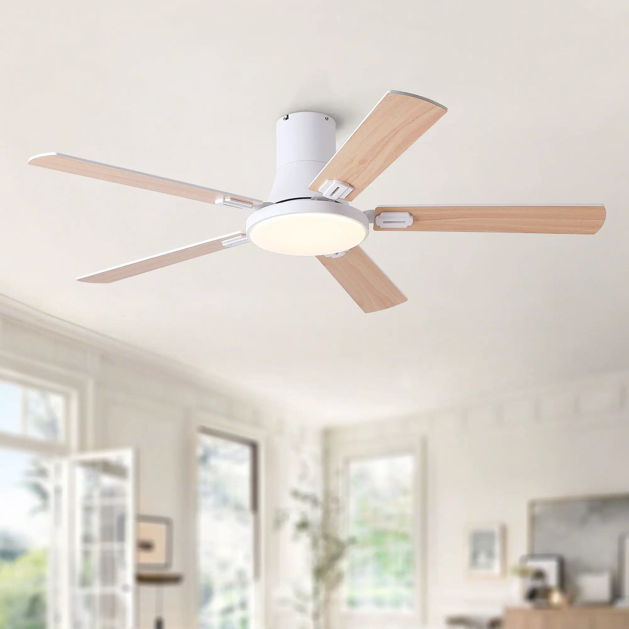 Flush Mount Ceiling Fans With LED Light And Remote Control, 5 Blades by Unique Piece Furniture