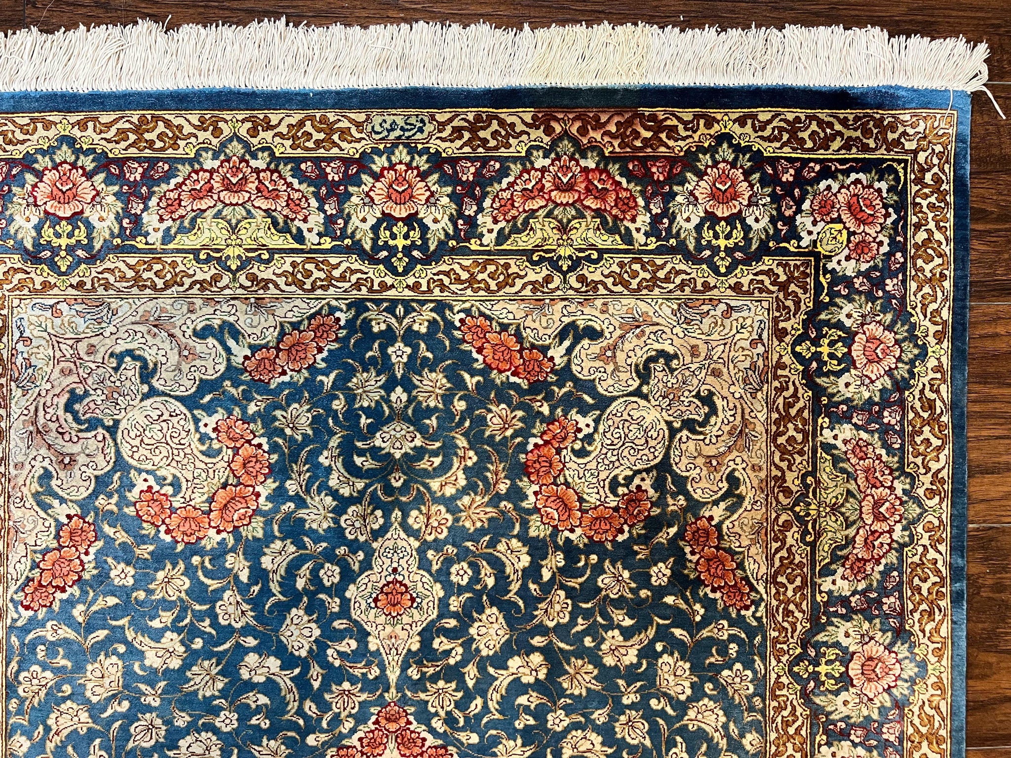 Magnificent Persian Qum Silk Rug 3x5, Blue, Super Fine 675 KPSI - 70 Raj, Floral Roses, Handmade Vintage Silk Carpet, Masterpiece by Jewel Rugs