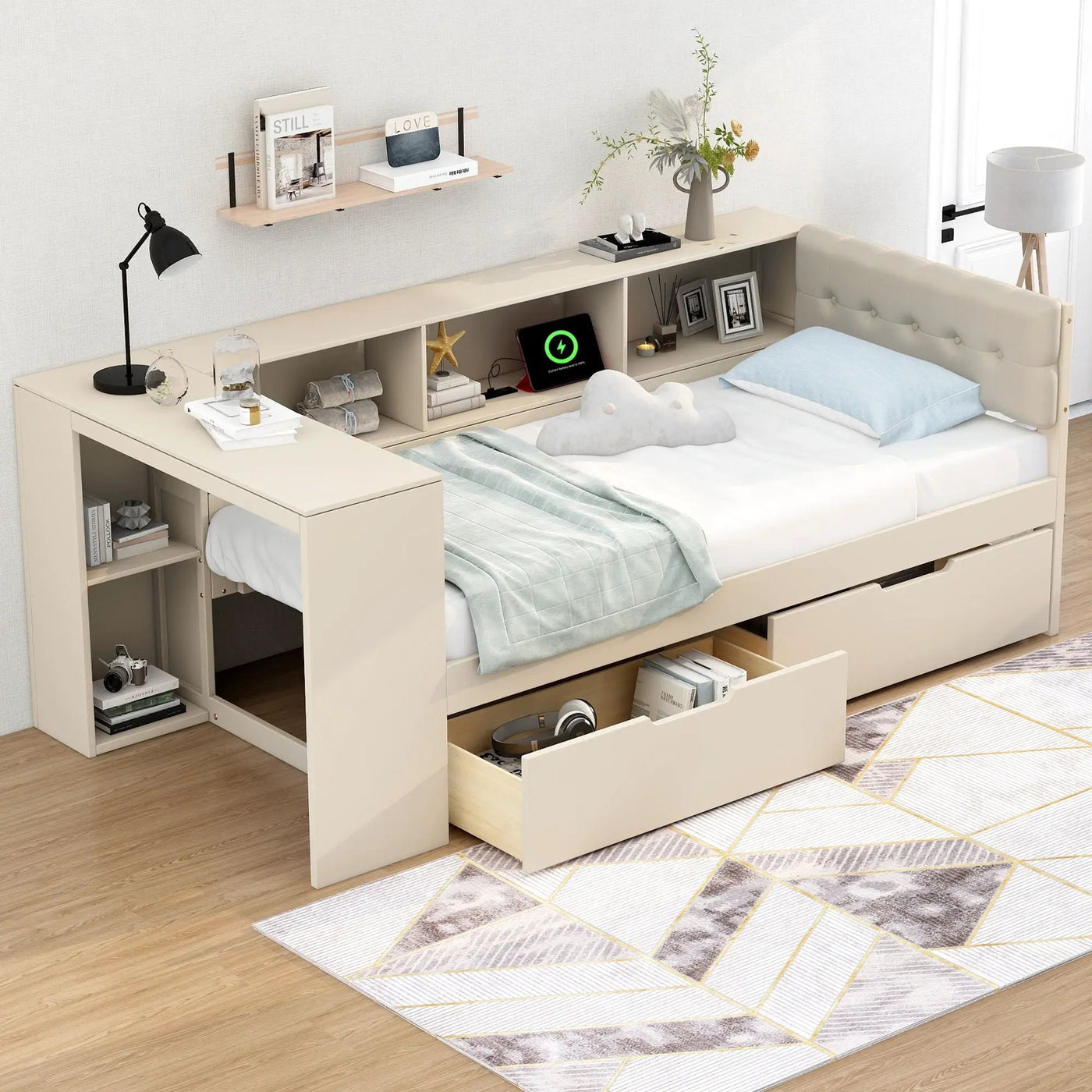 Upholstered Headboard Platform Bed With Storage Shelves, Drawers, Charging Station by Unique Piece Furniture