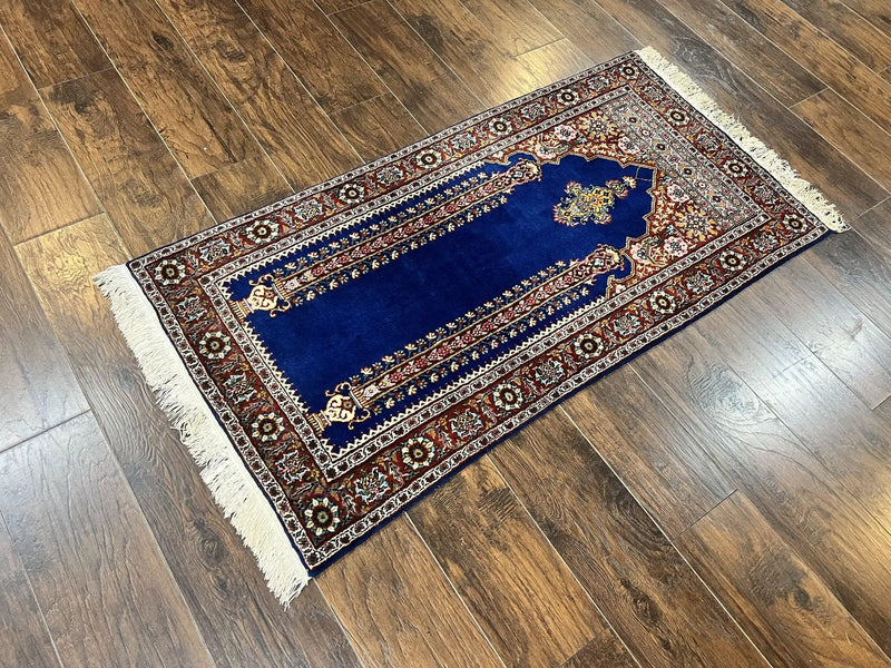 Indo Persian Prayer Rug 3x5, Fine Oriental Carpet, Dark Blue and Red, Vintage Hand Knotted Handmade Prayer Rug by Jewel Rugs