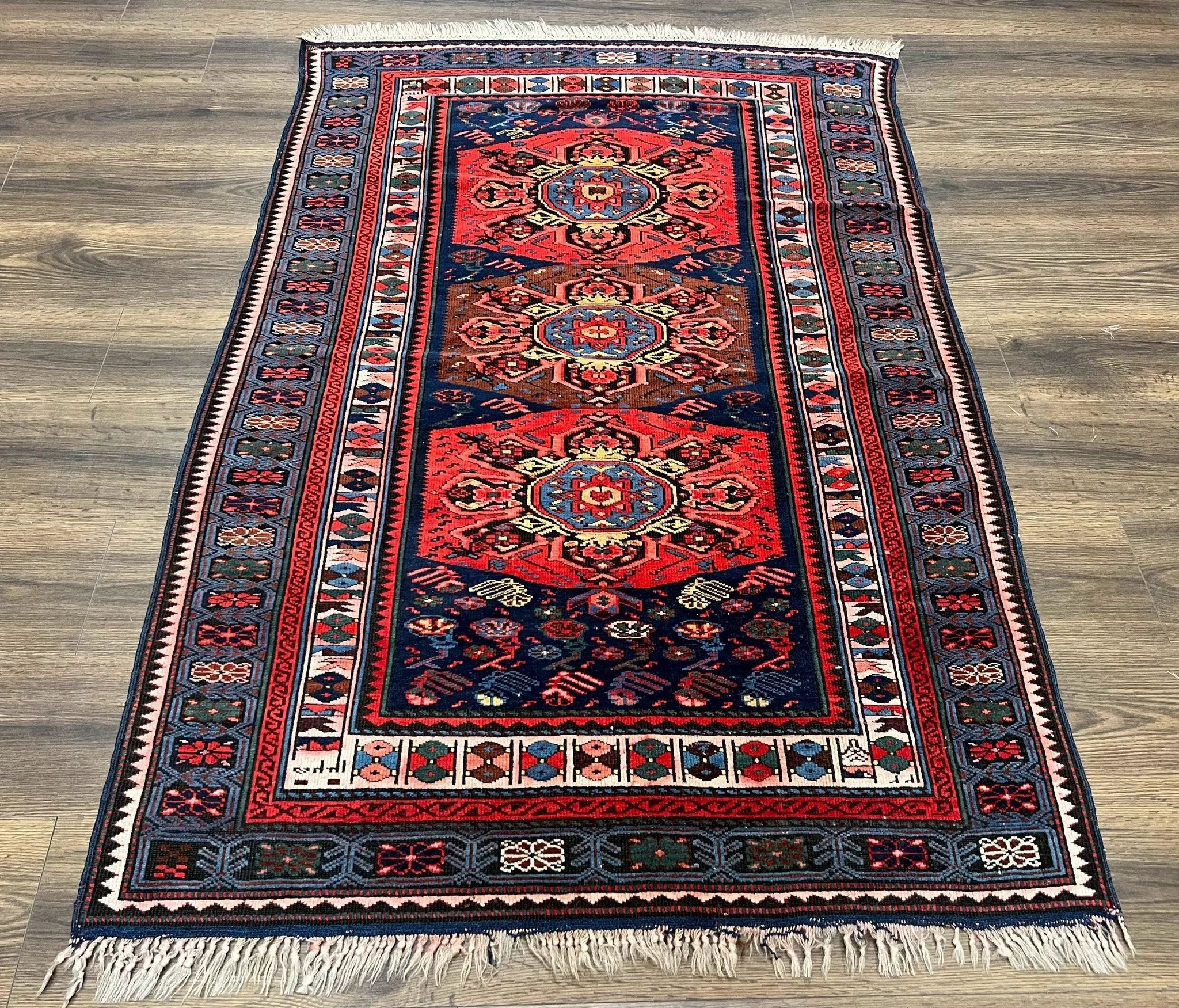 Antique Caucasian Seychour Rug 3.7 x 5.5, Collectible Oriental Carpet, Navy Blue and Red, Fine Kuba Rug, Vintage Rug, Wool Hand Knotted Rug by Jewel Rugs