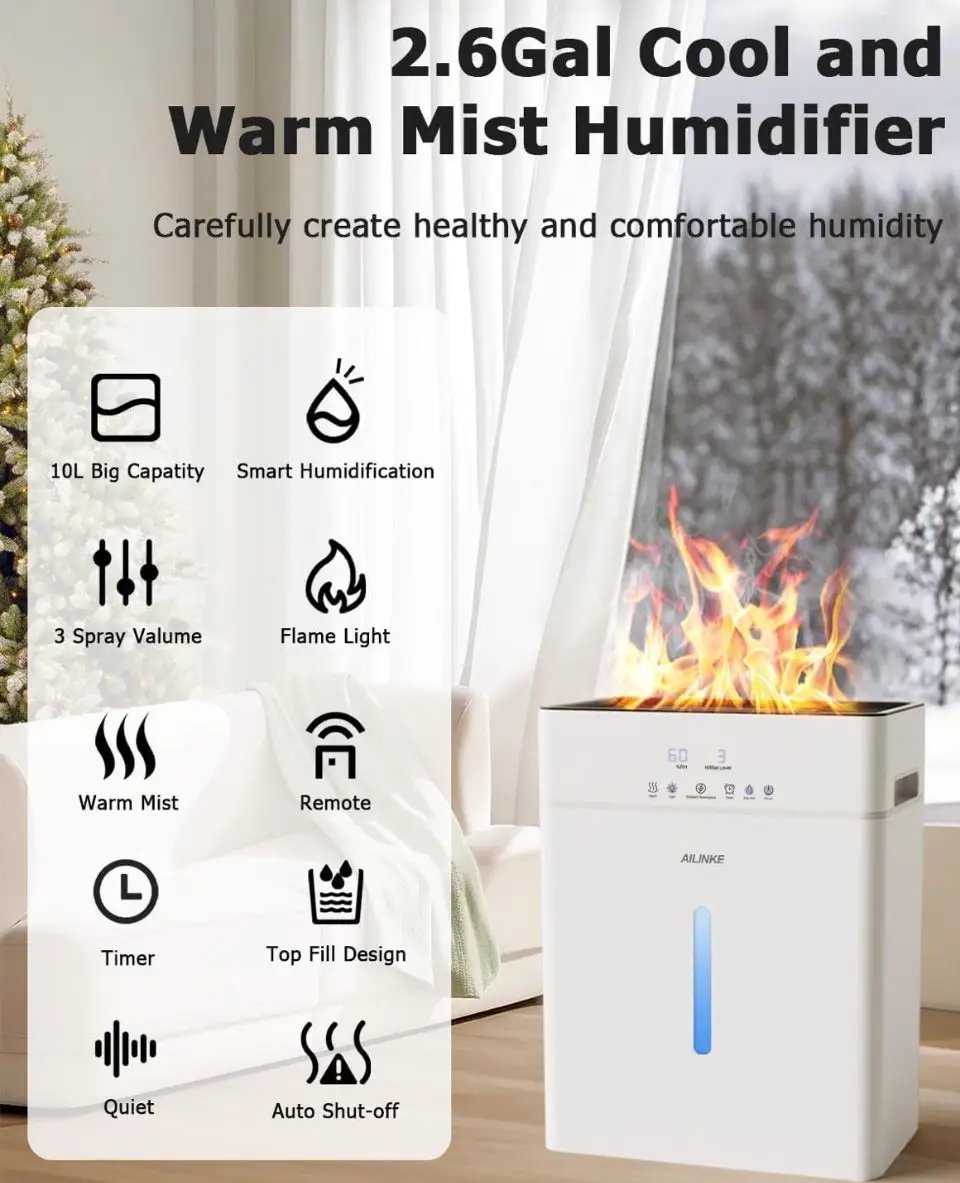 Open Box Humidifiers for Bedroom Large Room, AILINKE Cool and Warm Mist Humidifier 10L/2.64Gal, 12H Timer, 3 Speed, Top Fill, Simulated Flame by Selzalot