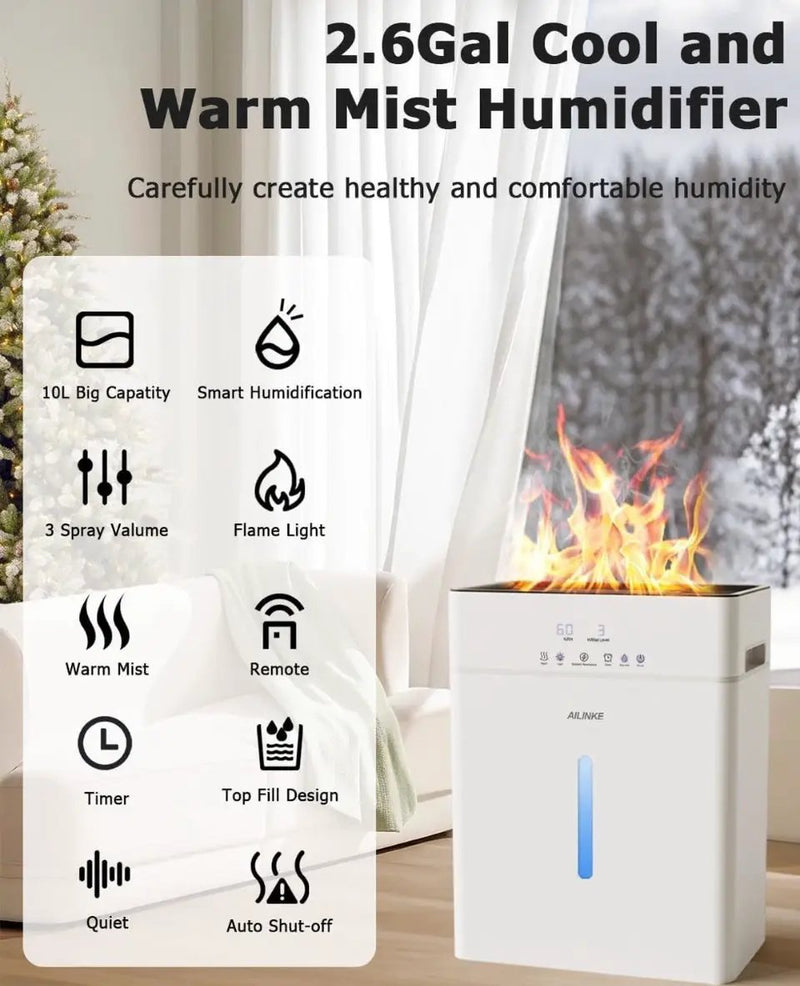 Open Box Humidifiers for Bedroom Large Room, AILINKE Cool and Warm Mist Humidifier 10L/2.64Gal, 12H Timer, 3 Speed, Top Fill, Simulated Flame by Selzalot