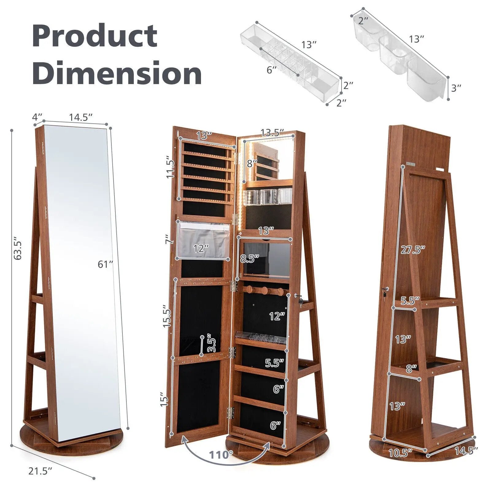 360° Rotating Mirrored Jewelry Cabinet Armoire 3 Color LED Modes Lockable by DirectDeals