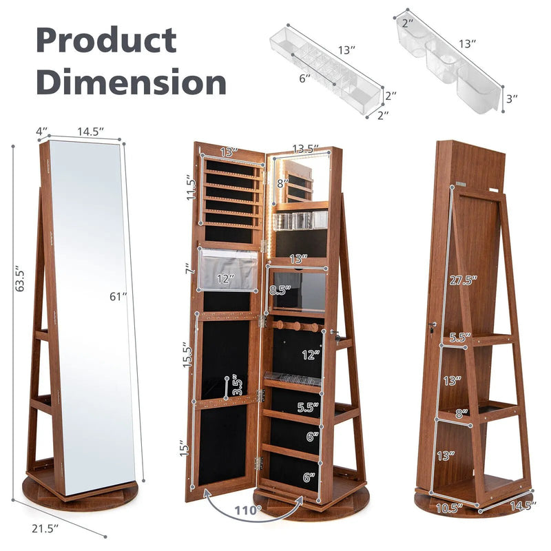 360° Rotating Mirrored Jewelry Cabinet Armoire 3 Color LED Modes Lockable by DirectDeals