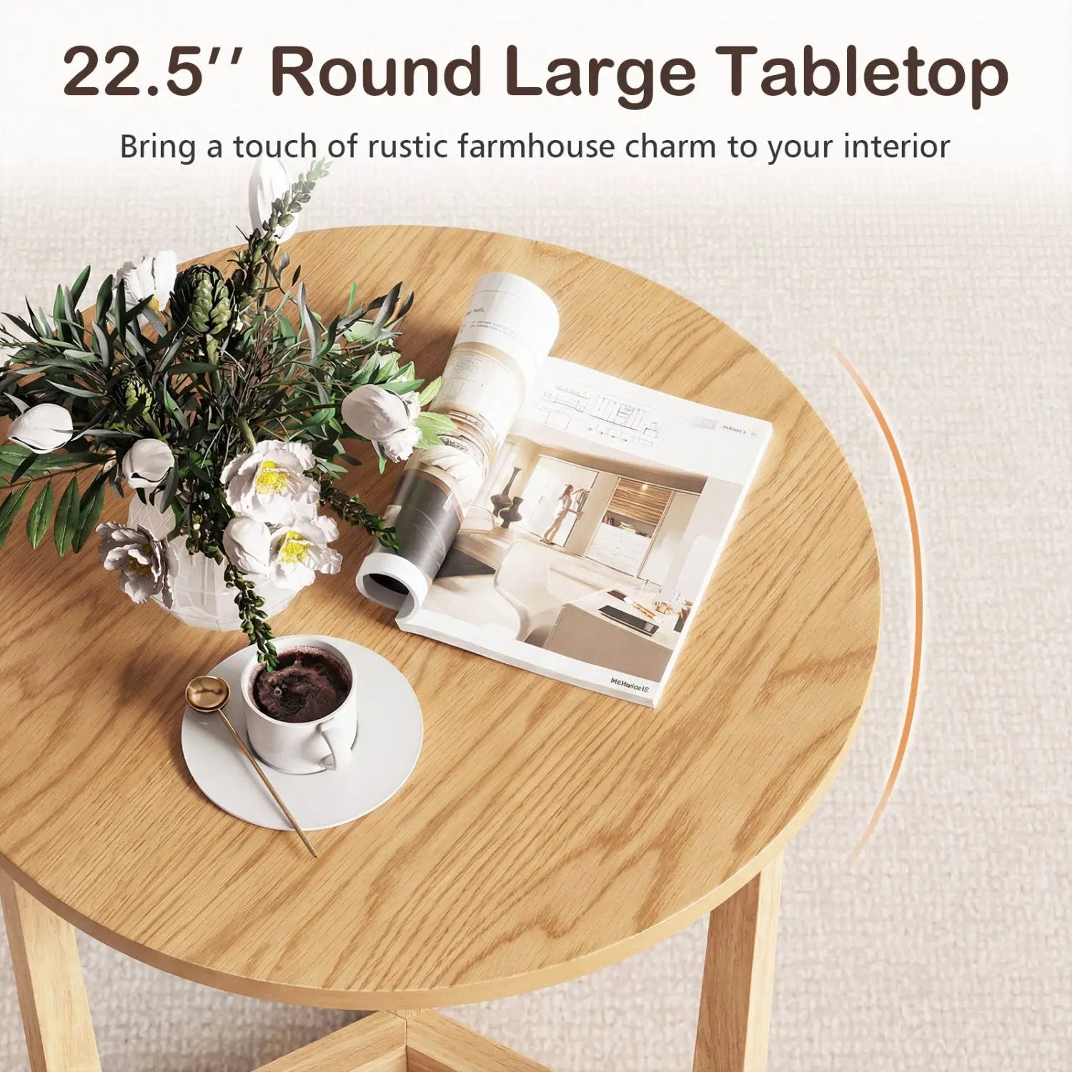 22.5 inch Round Side Table Farmhouse End Table with Sturdy Rubber Wood Legs and Triangular Structure by DirectDeals