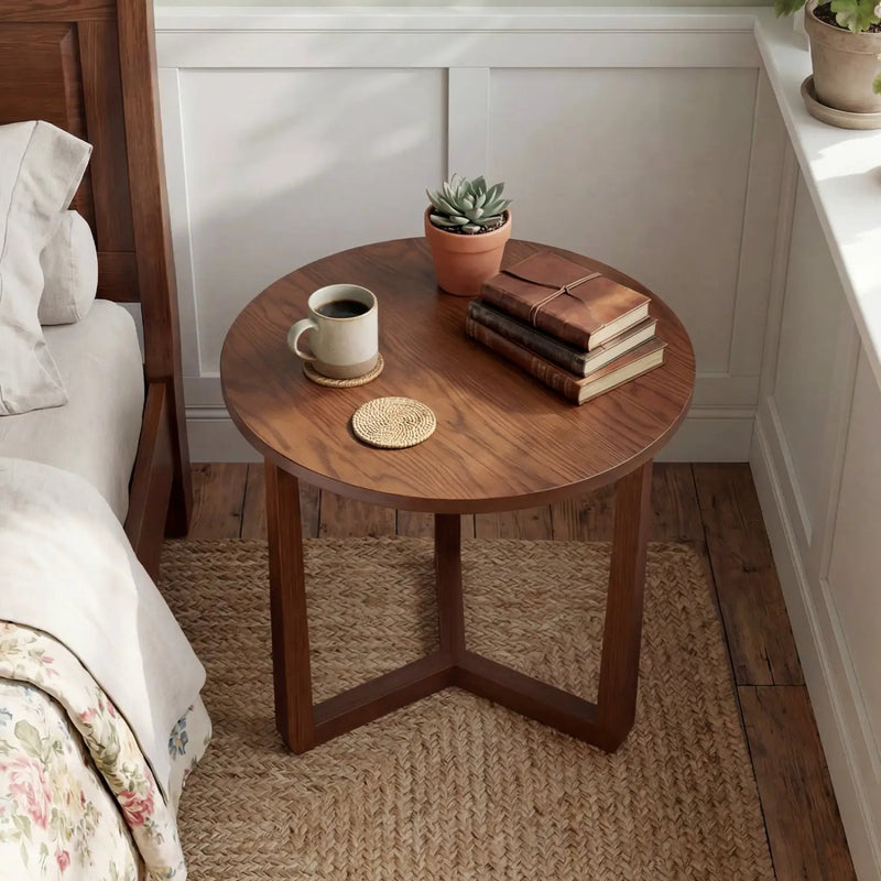 22.5 inch Round Side Table Farmhouse End Table with Sturdy Rubber Wood Legs and Triangular Structure by DirectDeals