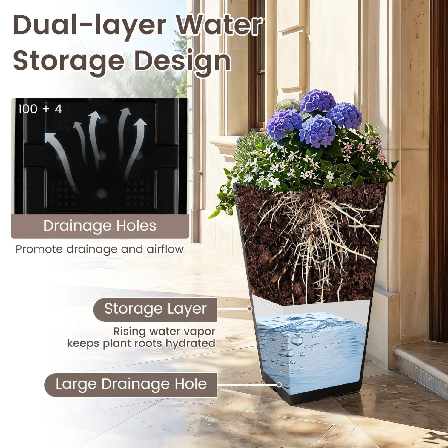22.5" Tall Self-Watering Square Planter Set of 2 by DirectDeals