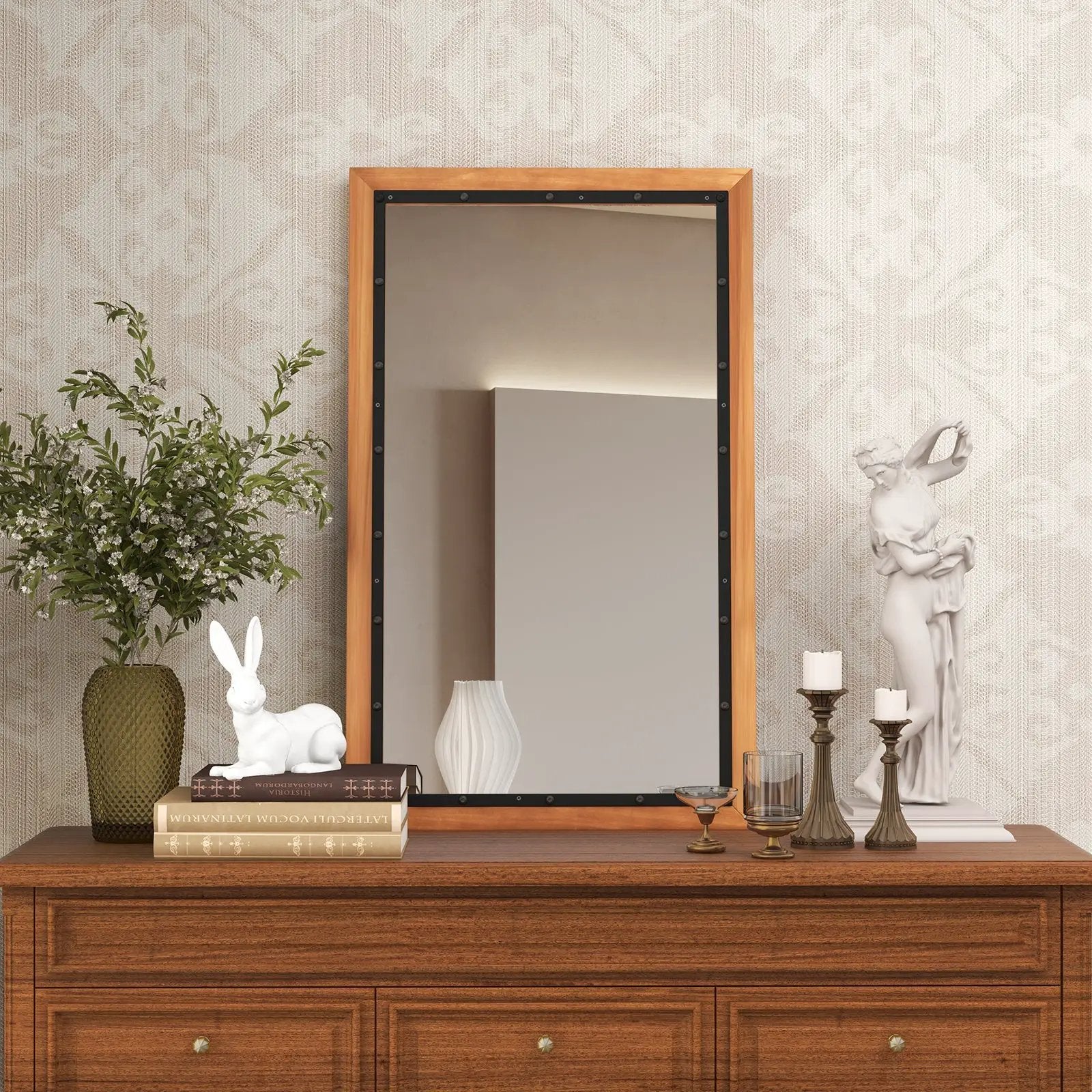 22 x 36 Inch Rectangular Frame Decor Wall Mounted Mirror with Back Board-Natural by DirectDeals