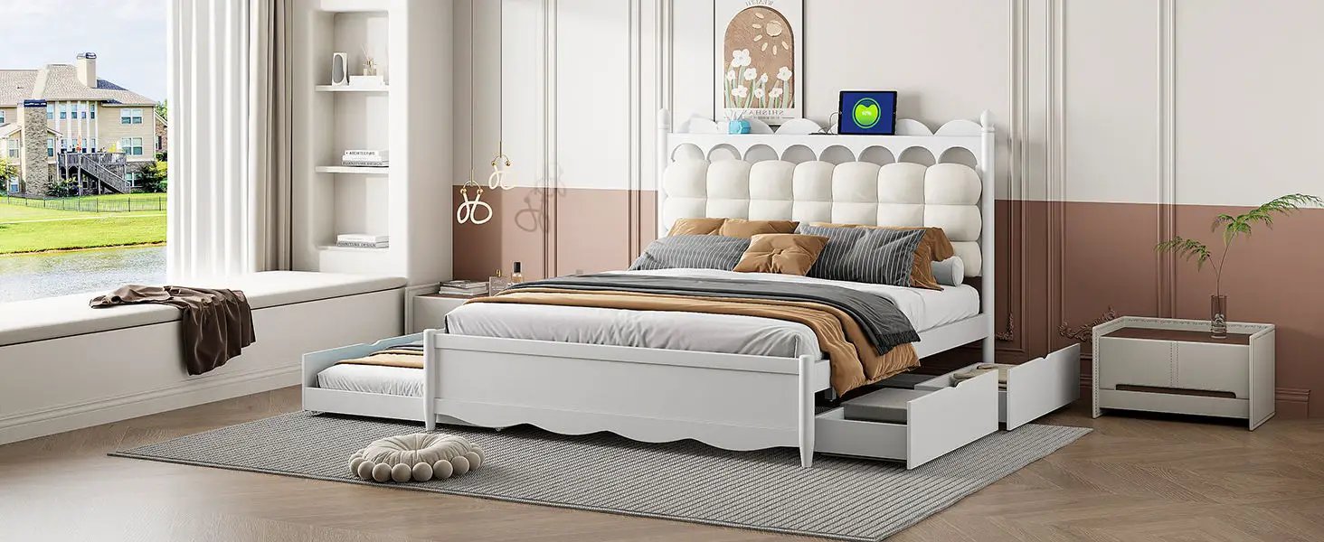 Storage Platform Bed, With 2 Big Drawers, Trundle, One Set Of Sockets & USB Ports by HouseOfZazla