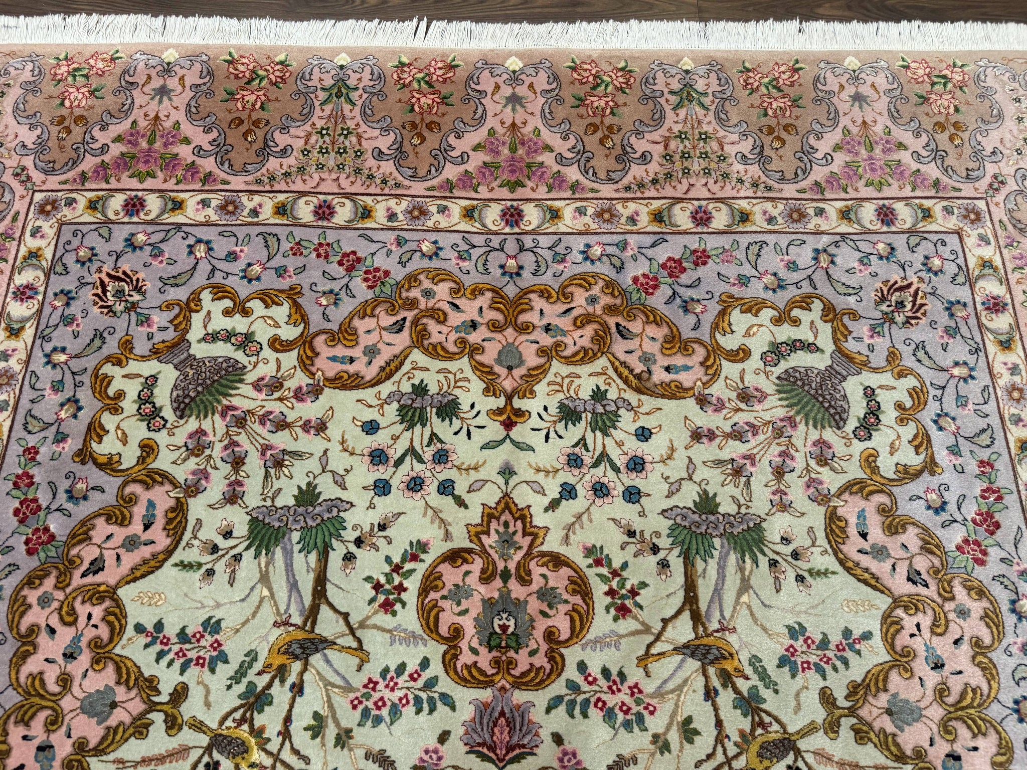 Wonderful Persian Tabriz Rug 7x10, Very Fine 330 KPSI, Light Green Light Blue Pink, Kork Wool Silk Foundation, Bird Pictorials by Jewel Rugs