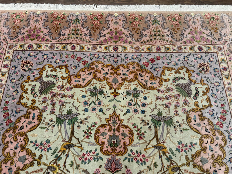 Wonderful Persian Tabriz Rug 7x10, Very Fine 330 KPSI, Light Green Light Blue Pink, Kork Wool Silk Foundation, Bird Pictorials by Jewel Rugs