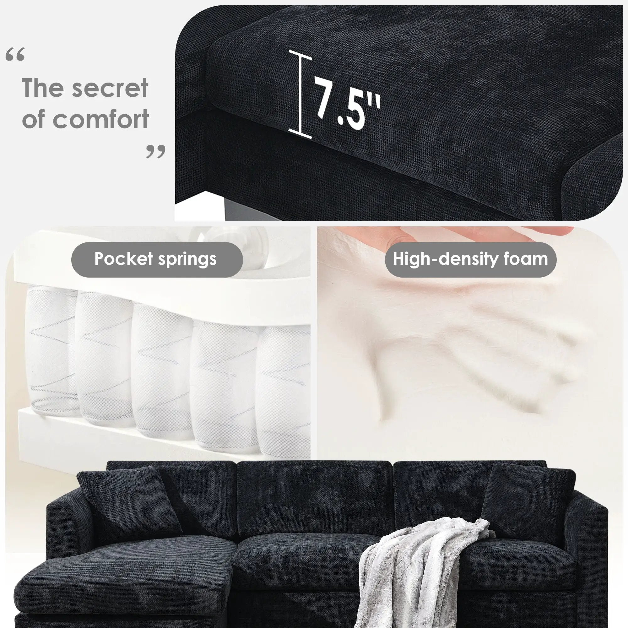 Modern Cloud Sectional Sofa L Shaped Luxury Couch Set With 2 Free Pillows 4 Seat With Oversized Chaise by HouseOfZazla