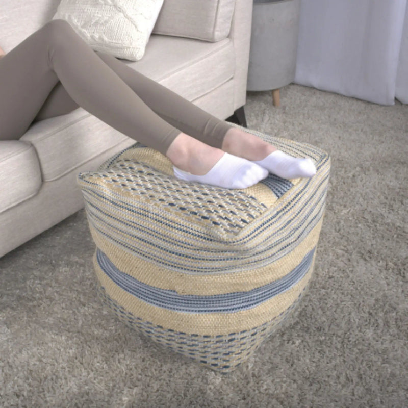 Western - Handcrafted Fabric Pouf, Durable - Natural / Blue by Unique Piece Furniture