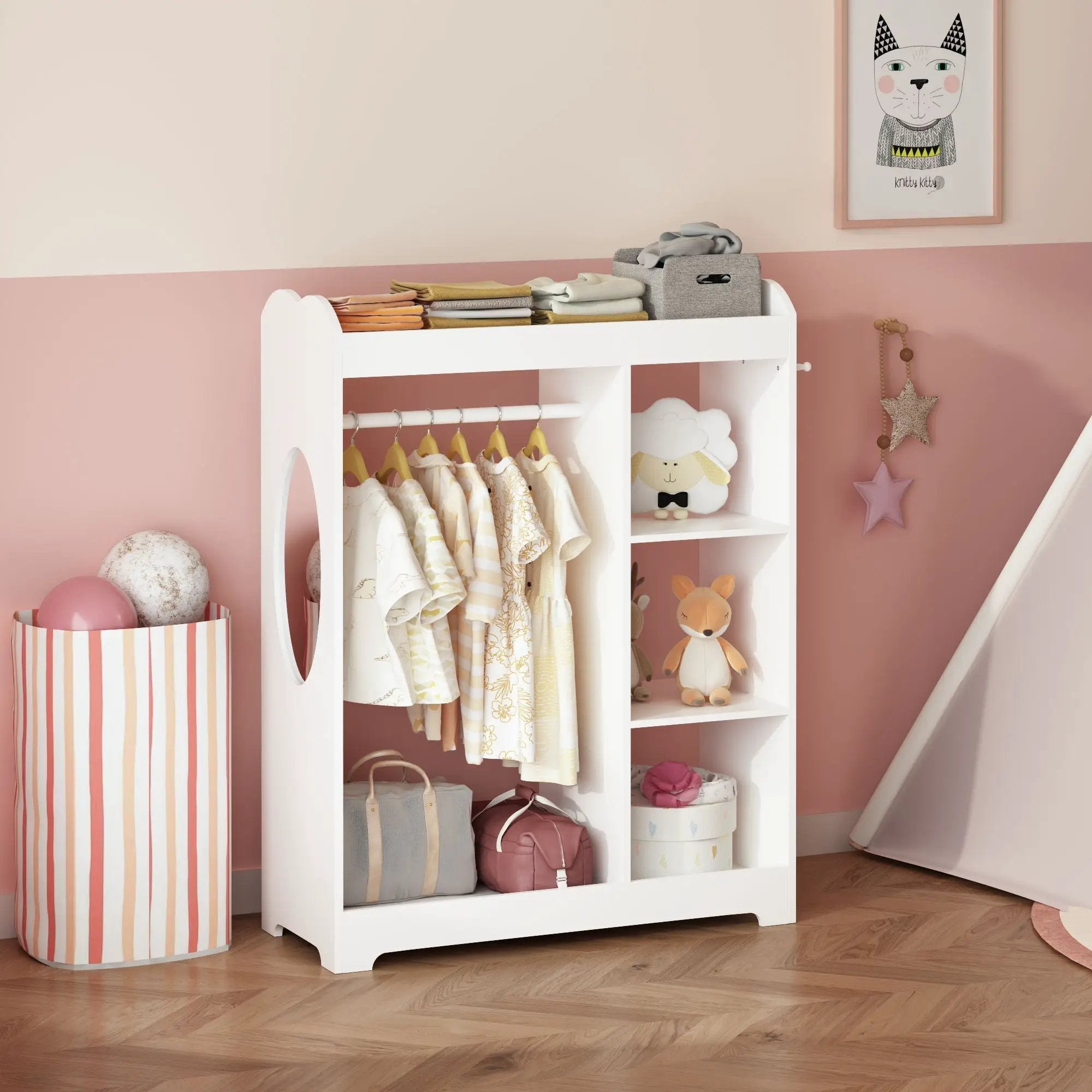 Dress Up Storage With Mirror and Hooks, Clothes Rack With Hanging Rod by HouseOfZazla