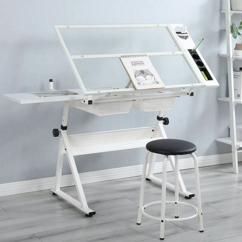 Adjustable Tempered Glass Drafting Printing Table With Chair by Unique Piece Furniture