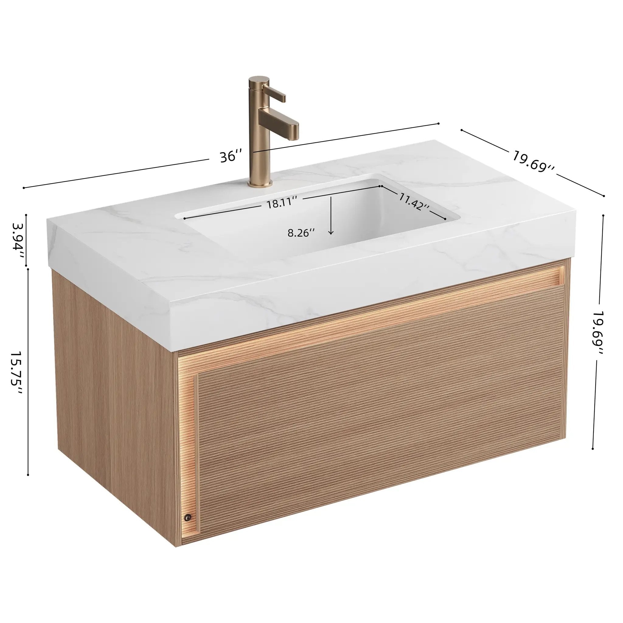 Nyah 36'' Bathroom Vanity & Sink, Floating Ultra-Slim Grille Plywood Cabinet, Drawer with Sensor Light, Carrara by HouseOfZazla