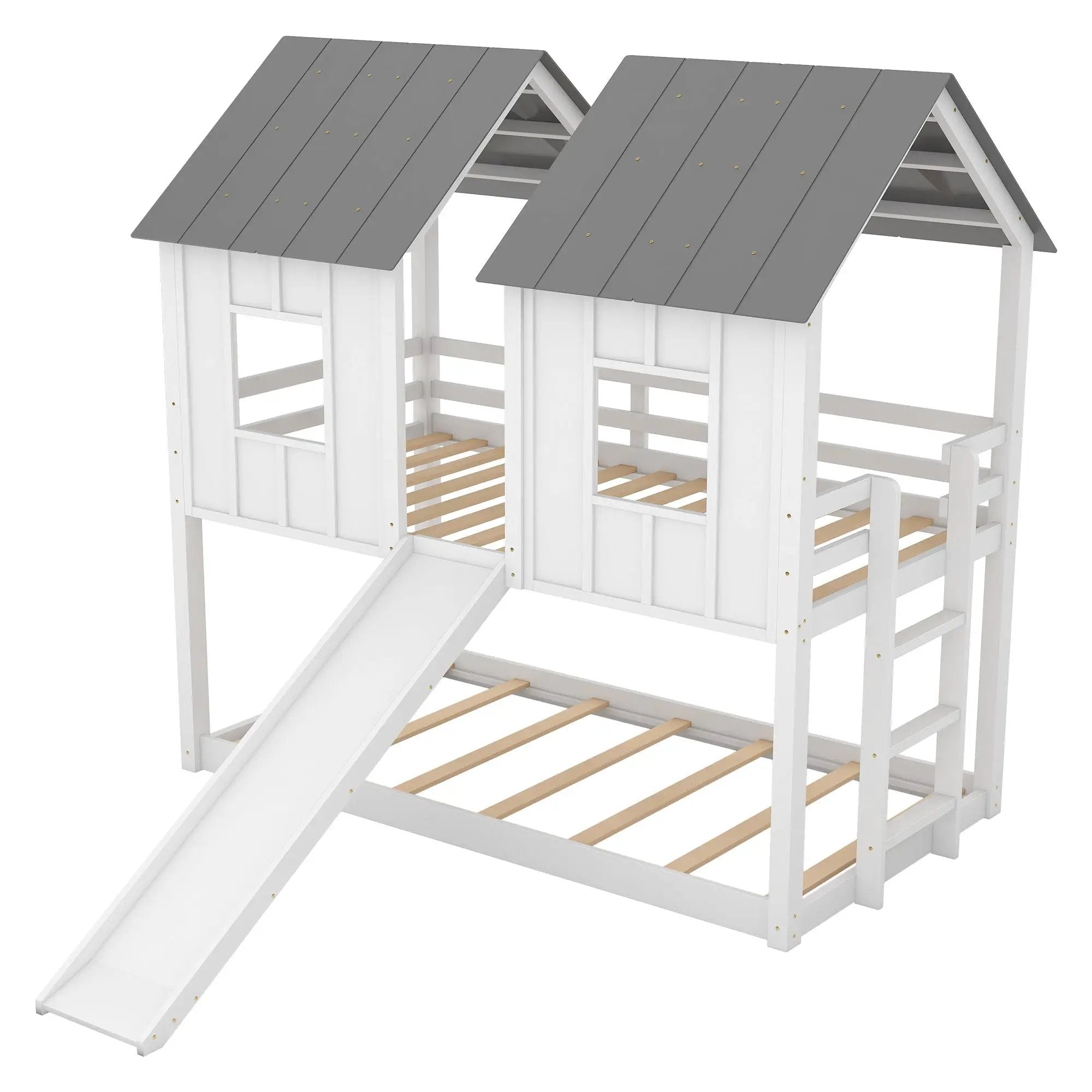 Twin Over Twin House Bunk Bed With Slide And Windows - White / Gray by Unique Piece Furniture