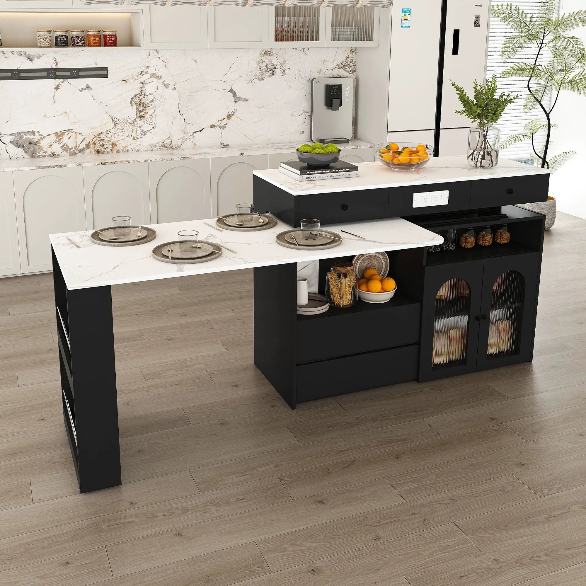 Kitchen Island With Extendable Rotating Table, 4 Drawers & Glass Door Cabinets, Built In Socket - Black