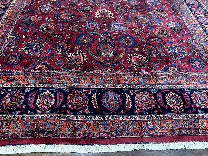 Palace Size Persian Mashad Rug 12x16, Raspberry and Navy Blue, Signature from Master Weaver, Antique Handmade Large Wool Carpet by Jewel Rugs