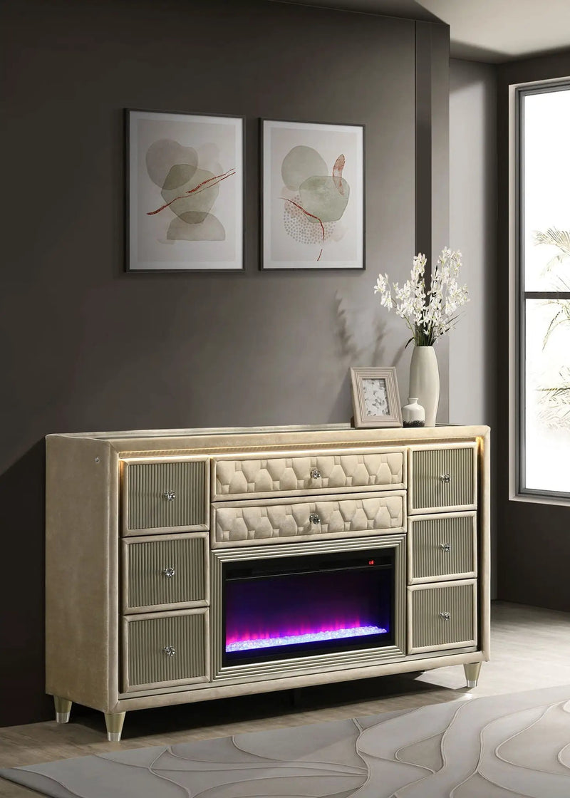Lorient 8-drawer LED Bedroom Flame Box Dresser Ivory Camel by Unique Piece Furniture