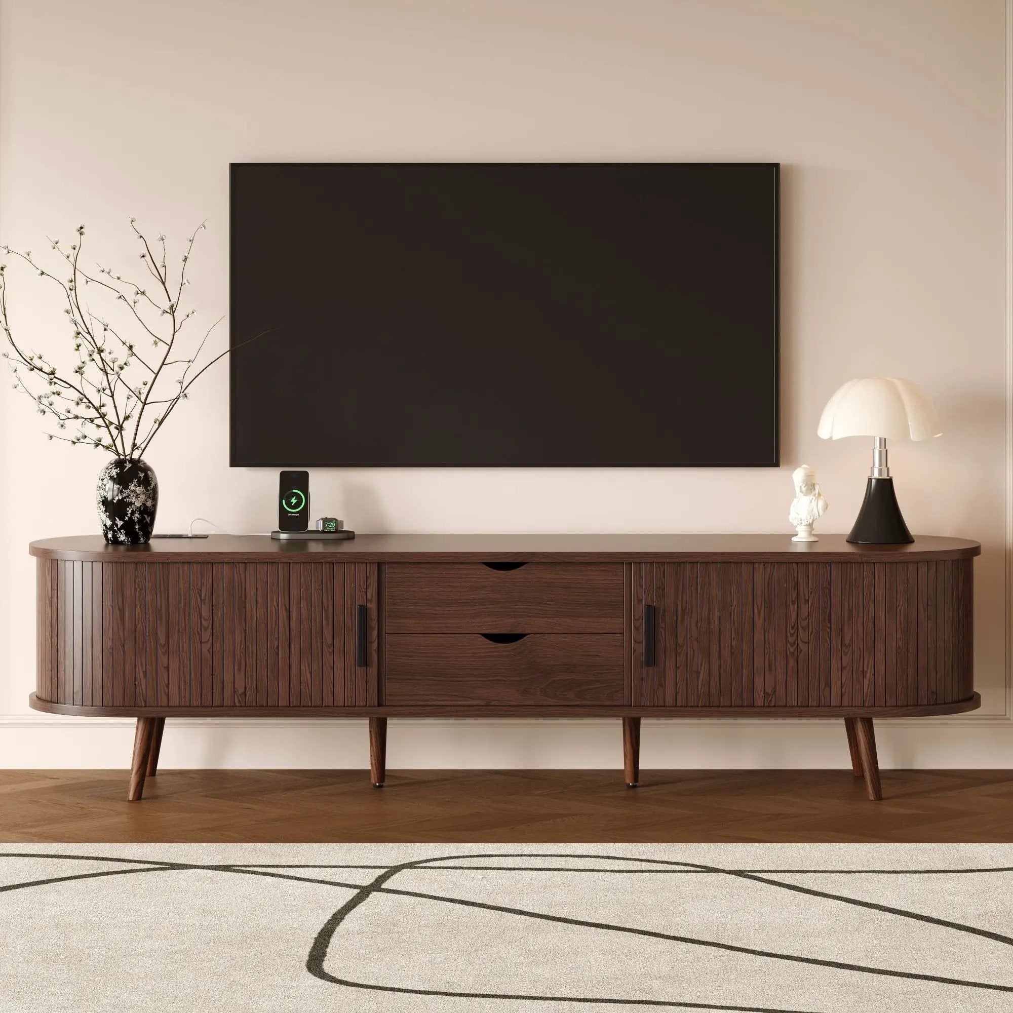 TV Stand For 70" TV, Console With Tambour Doors, Drawers And Built In Power Outlet - Dark Brown by Unique Piece Furniture