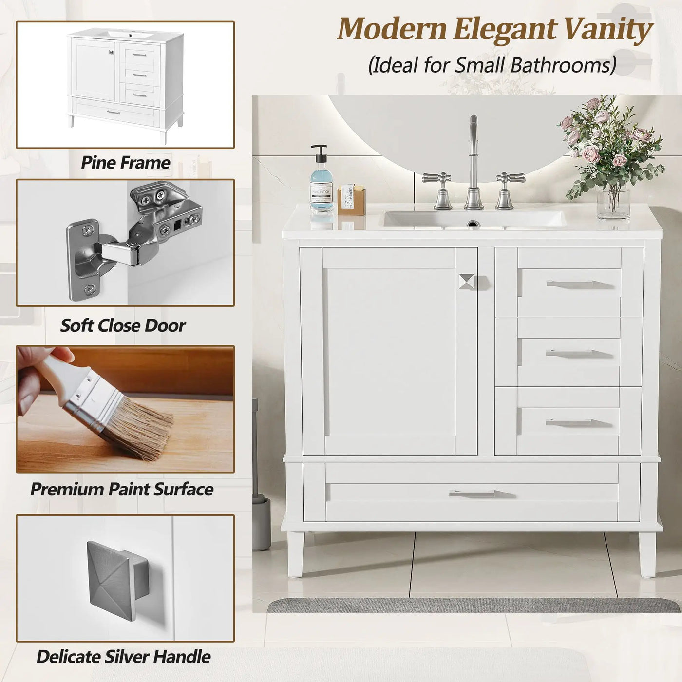 Bathroom Vanity, Modern Bathroom Cabinet With Sink Combo Set, Bathroom Storage Cabinet With A Soft Closing Door And 3 Drawers, Solid Wood Frame by Unique Piece Furniture
