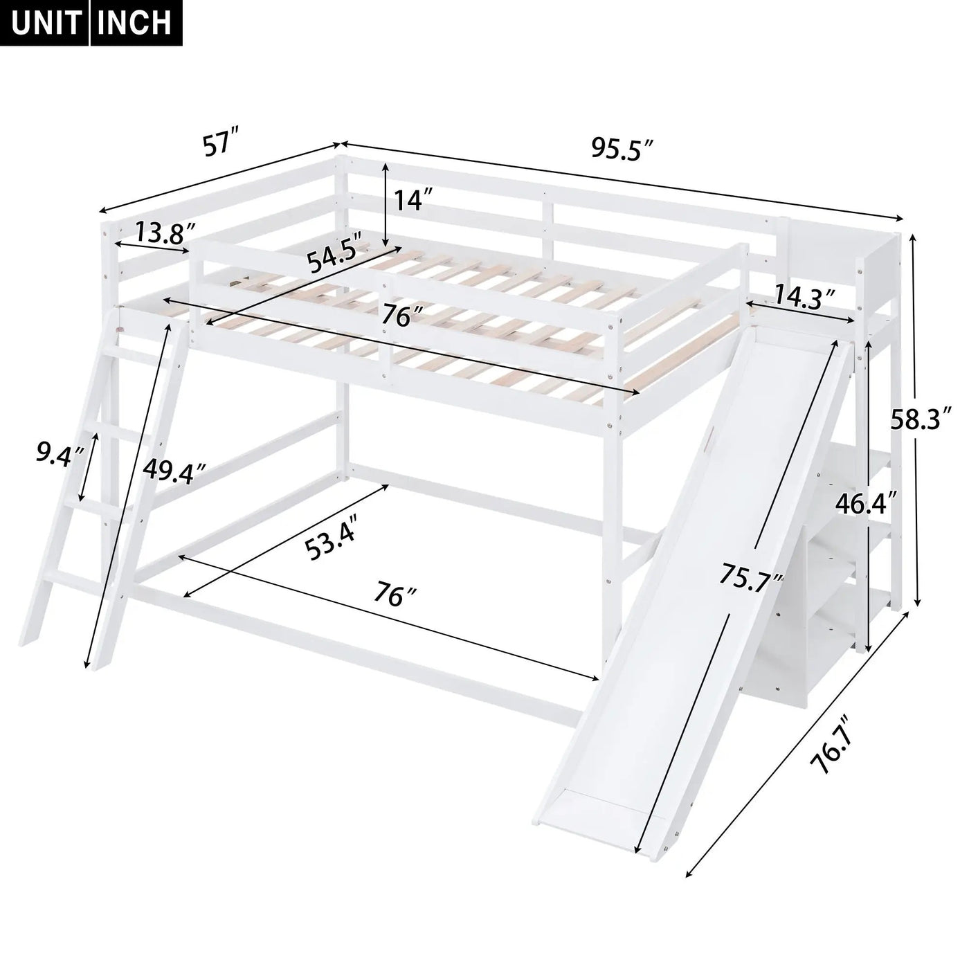 Bunk Bed With Ladder, Slide, And Shelves Pine Wood by HouseOfZazla