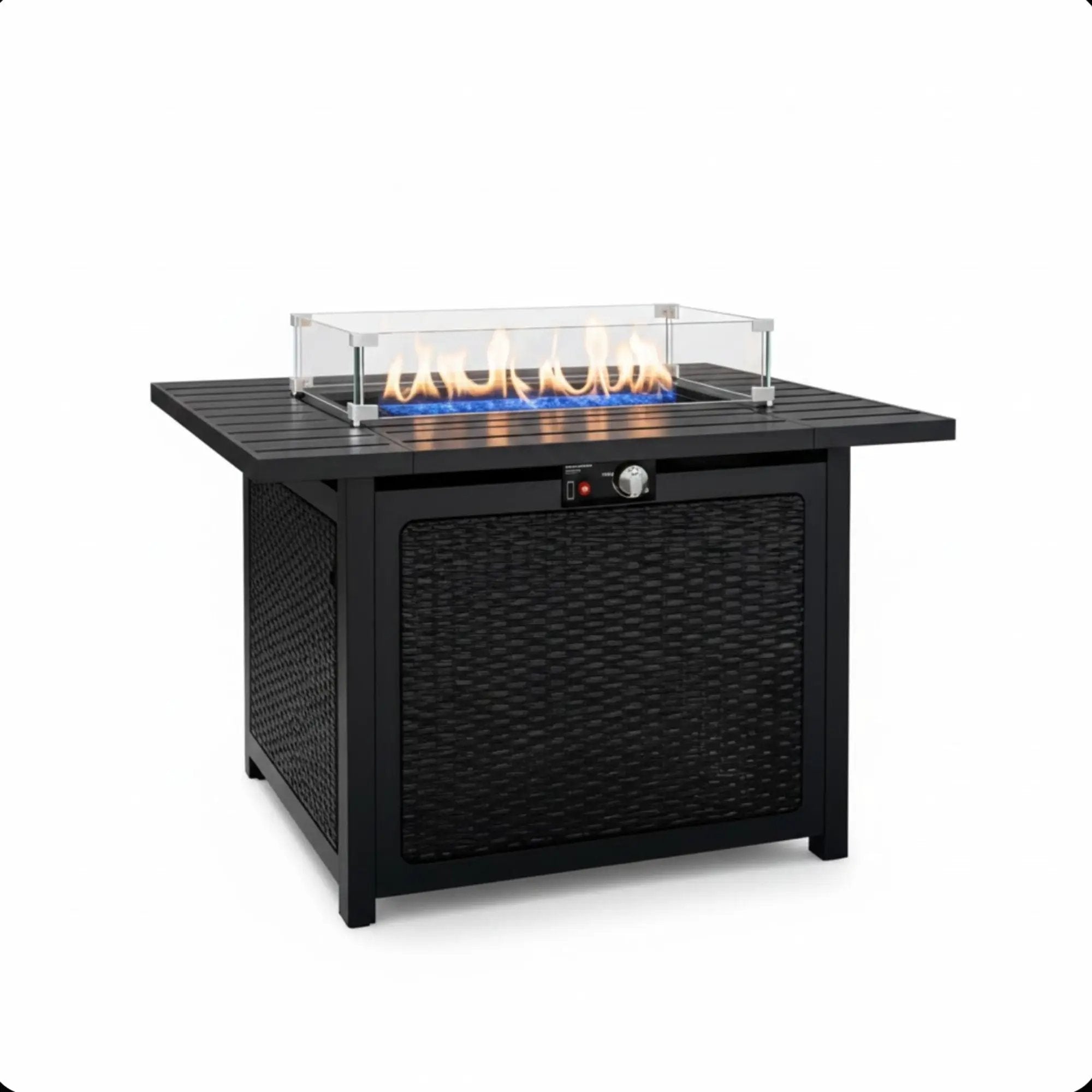 Outdoor 2 In 1 Propane Fire Pit Table With Lid & Glass Shield, Rectangular Fire Table, Lava Rock & Cover - Black by HouseOfZazla