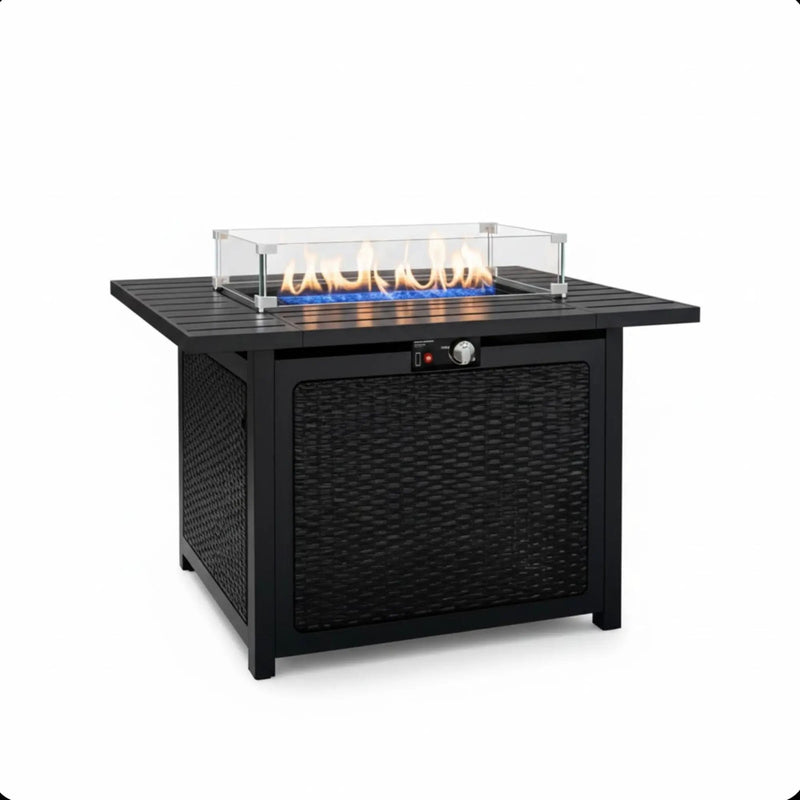 Outdoor 2 In 1 Propane Fire Pit Table With Lid & Glass Shield, Rectangular Fire Table, Lava Rock & Cover - Black by HouseOfZazla