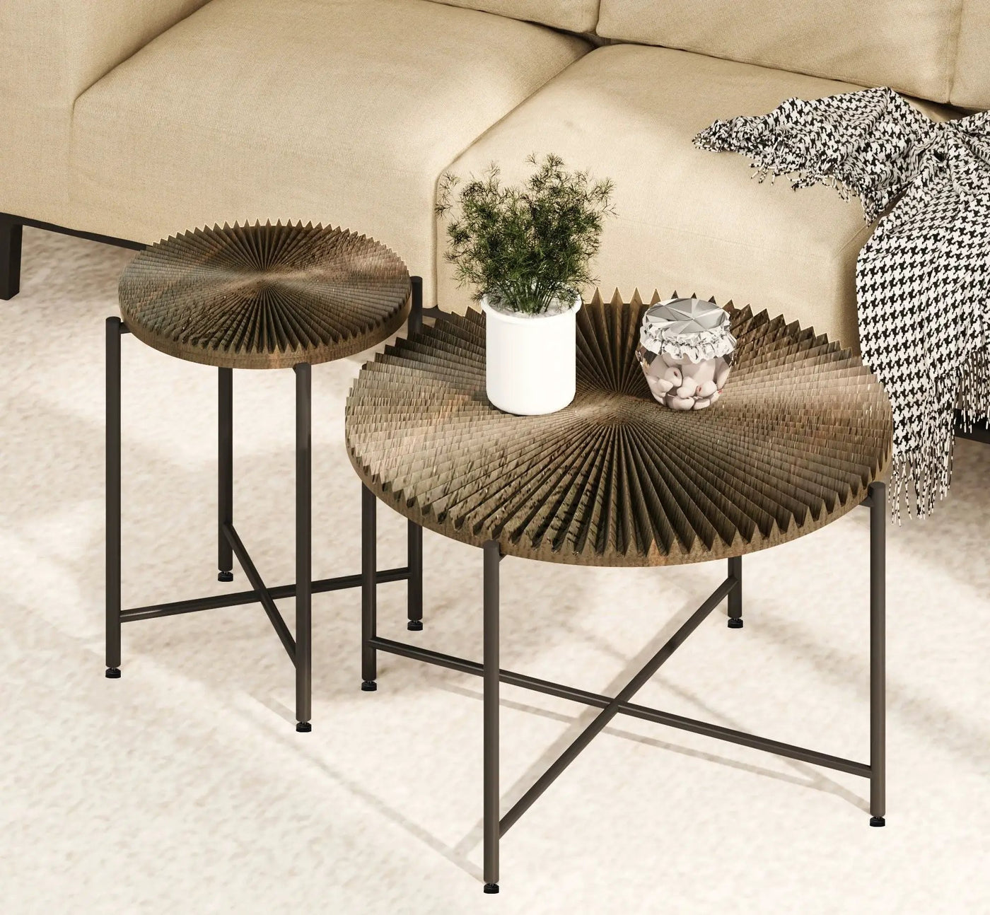 Radial - Pattern Coffee And End Table Set Waterproof Cover, Distressed Cylindrical Design (Set of 2) by Unique Piece Furniture