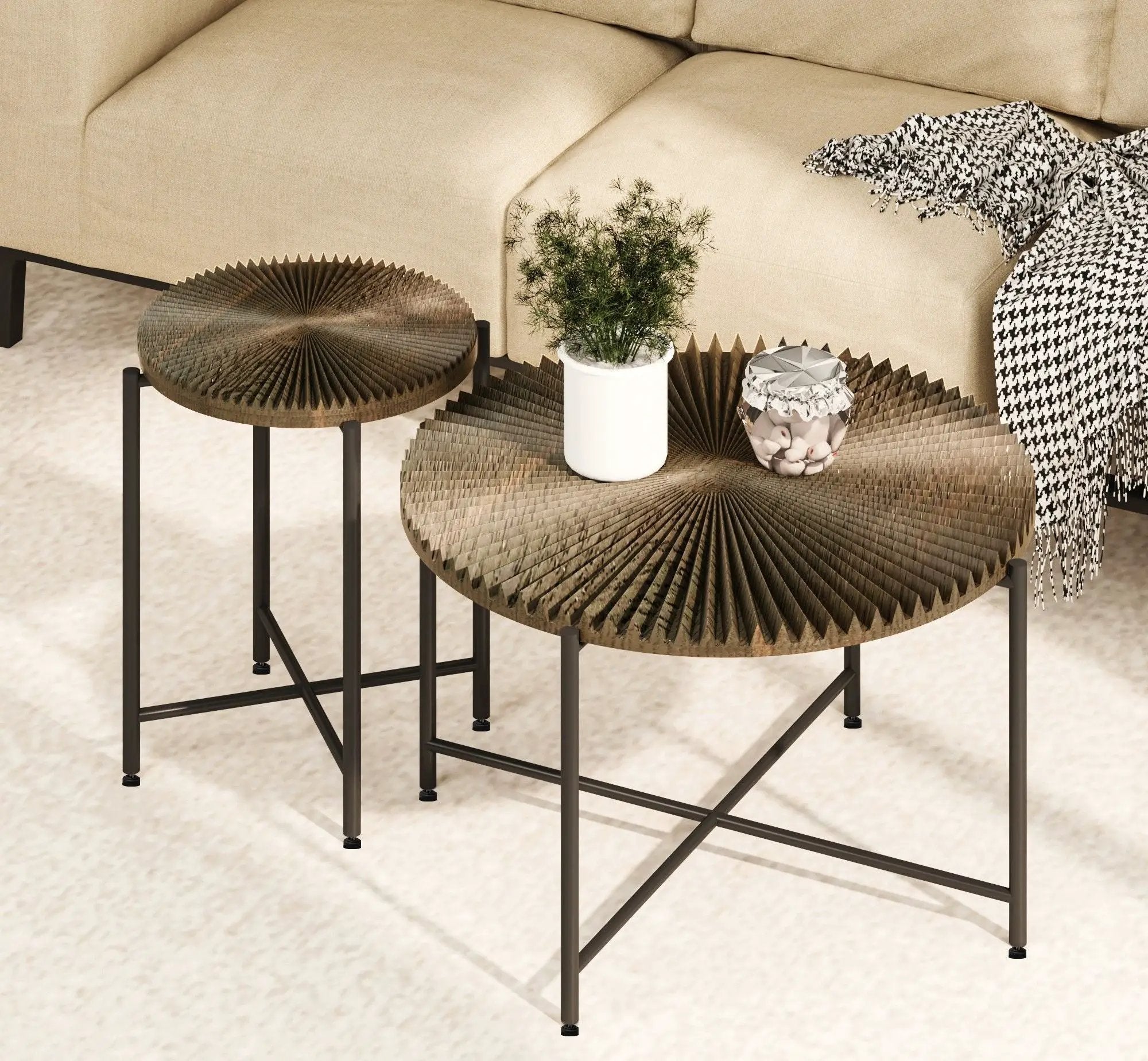 Radial - Pattern Coffee And End Table Set Waterproof Cover, Distressed Cylindrical Design (Set of 2) by HouseOfZazla